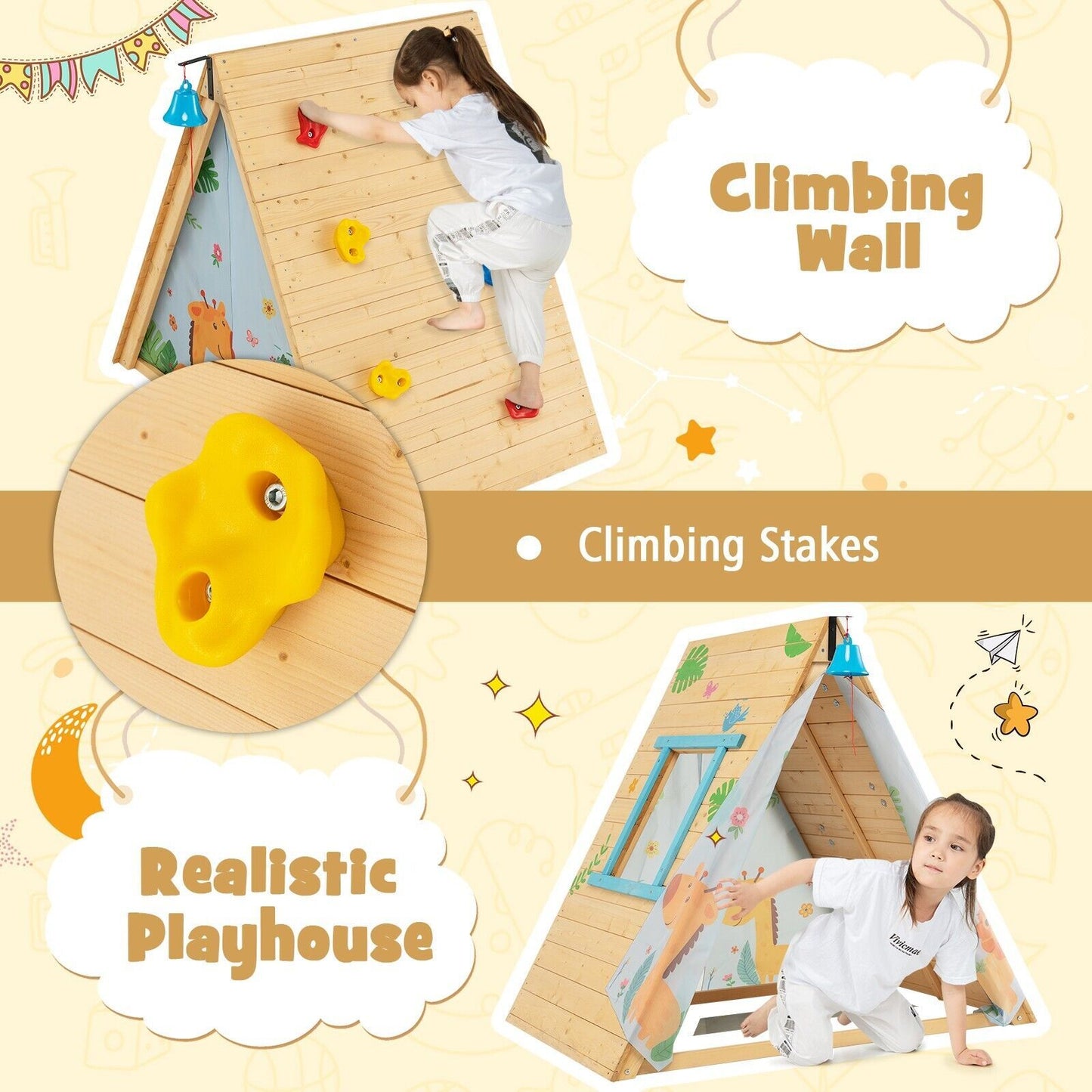 2-in-1 Wooden Kids Climbing Playhouse with Bell, Window & Curtains | Indoor & Outdoor Play Tent for Ages 3-8