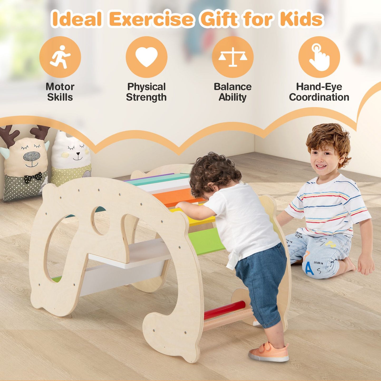 2-in-1 Montessori Wooden Rocking Horse & Climbing Arch for Toddlers | Balance Trainer Rocker | Indoor Play Toy Ages 1+