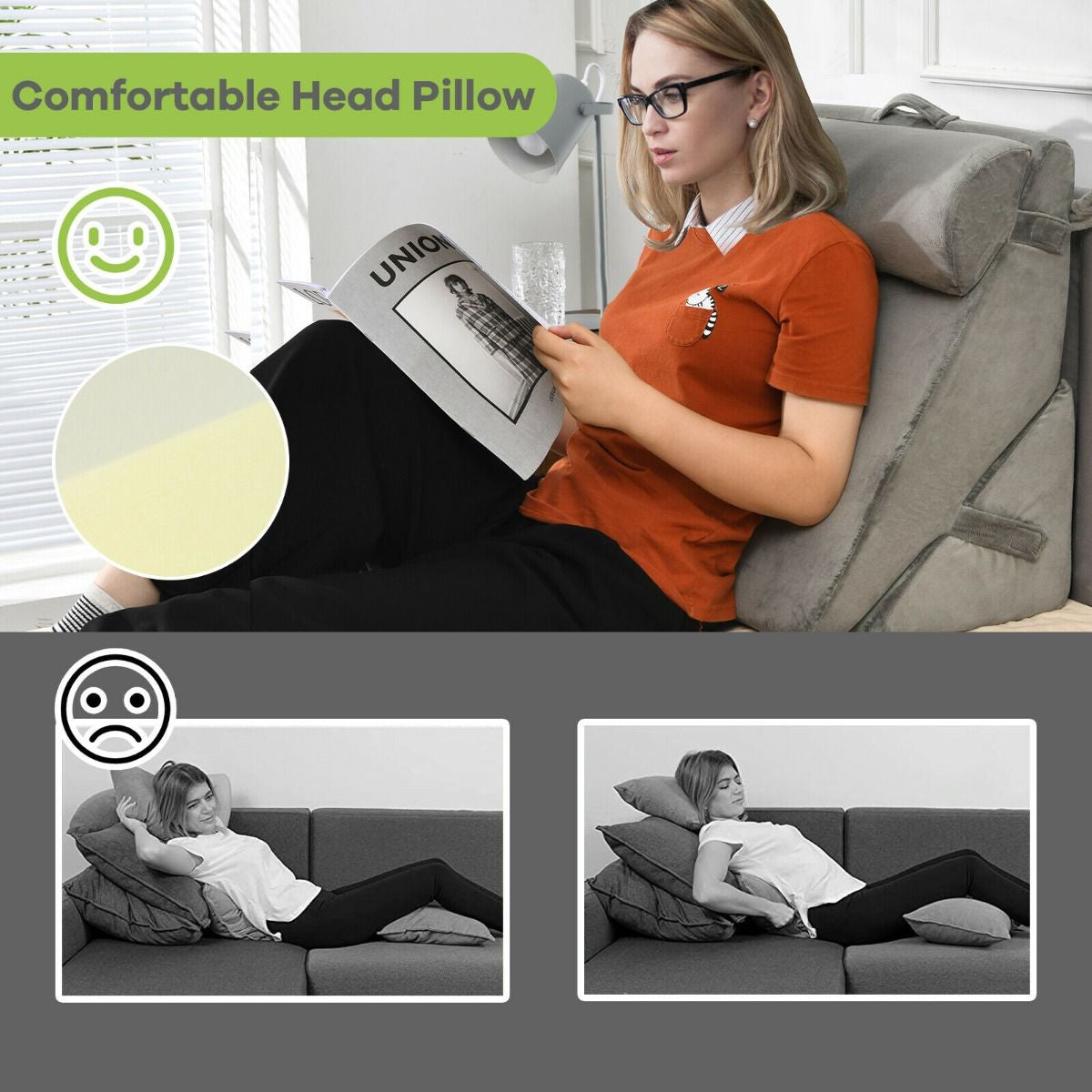 Elevated Bed Wedge Pillow with Integrated Headrest and Removable Washable Cover for Comfortable Reading