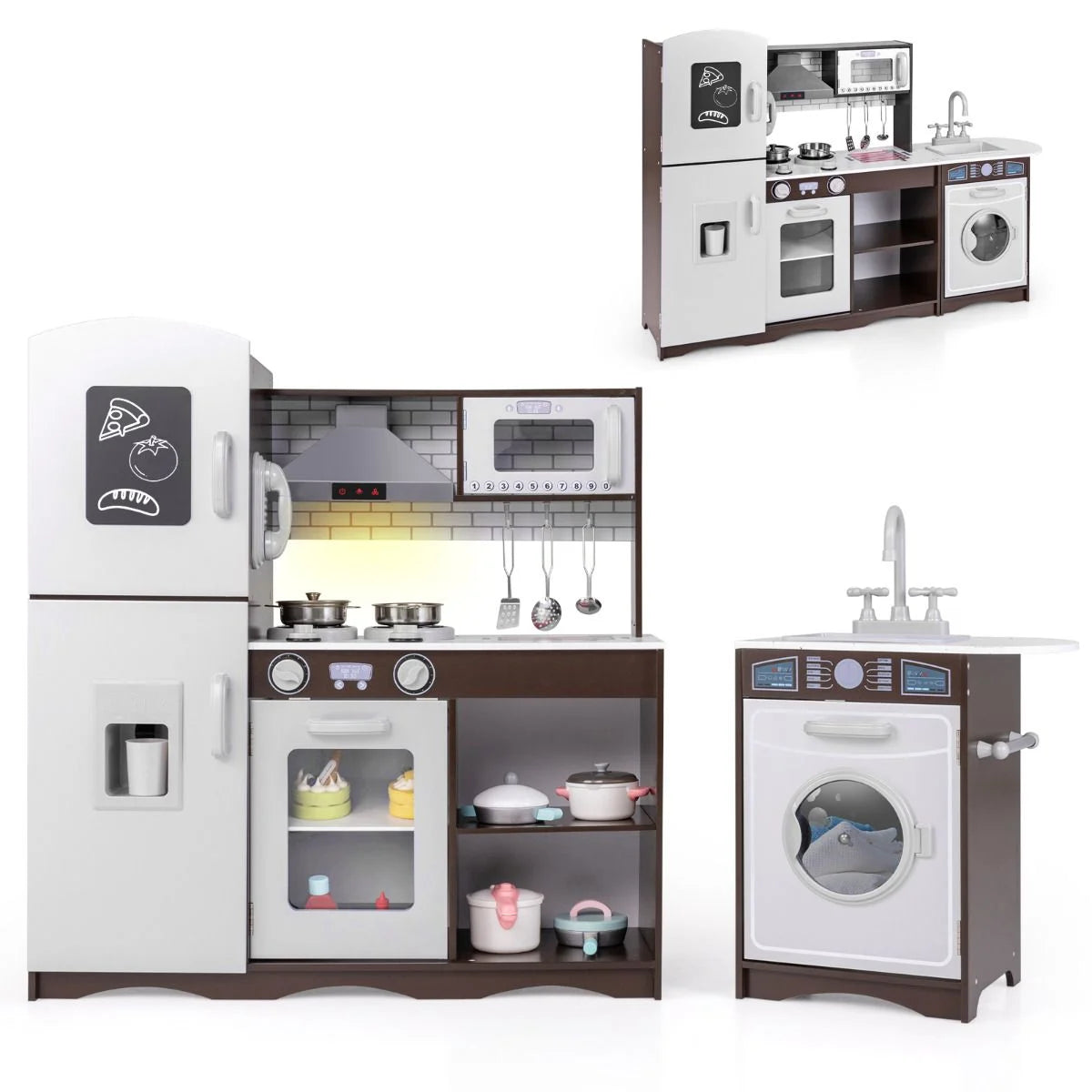 Deluxe Kids Wooden Kitchen Playset with Realistic Lights, Sounds & Ice Maker | Modern Pretend Cooking Station for Ages 3+