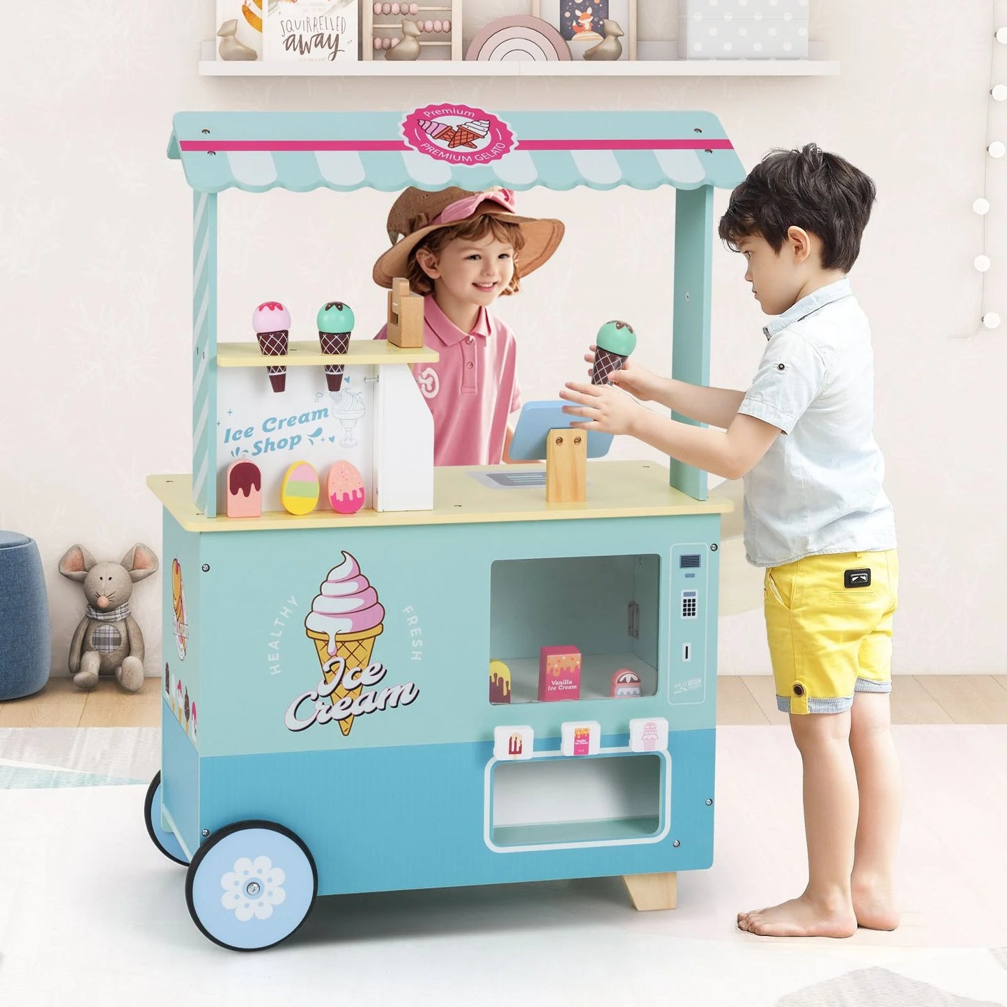 Wooden Kids Ice Cream Cart Pretend Play Set | Toddler Ice Cream Truck with Vending Machine & Accessories | Montessori Role Play Toy Ages 3+