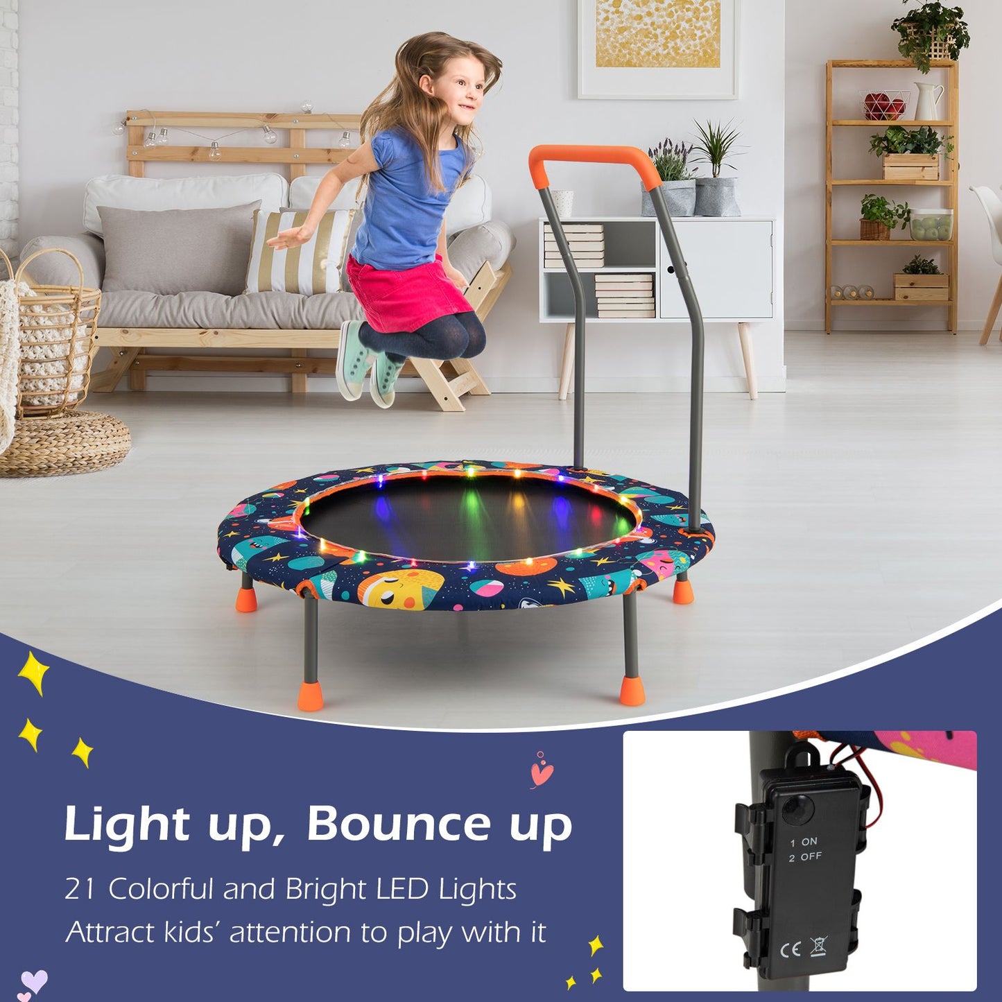 Children's Mini Trampoline with LED Lights and Safety Handle