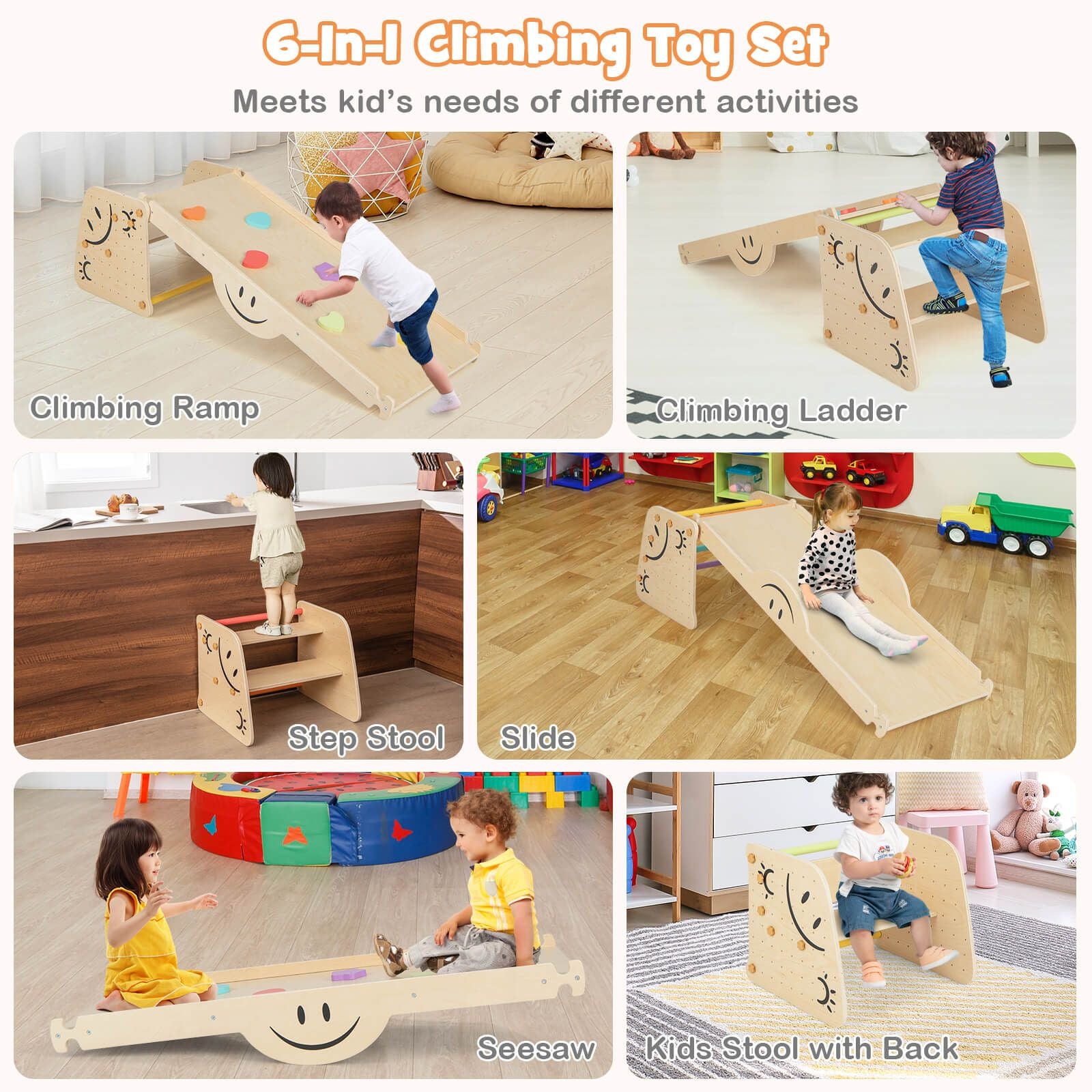 6-in-1 Wooden Indoor Climbing Toy for Kids | Slide, Ramp, Seesaw, Ladder & Convertible Step Stool