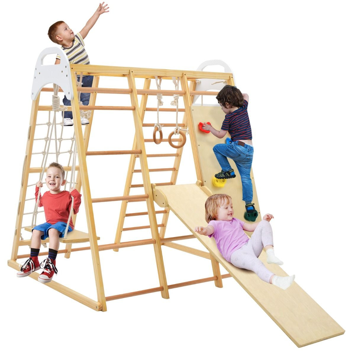 8-in-1 Wooden Jungle Gym Climber Playset with Slide, Swing & Monkey Bars | Indoor Kids Play Tower