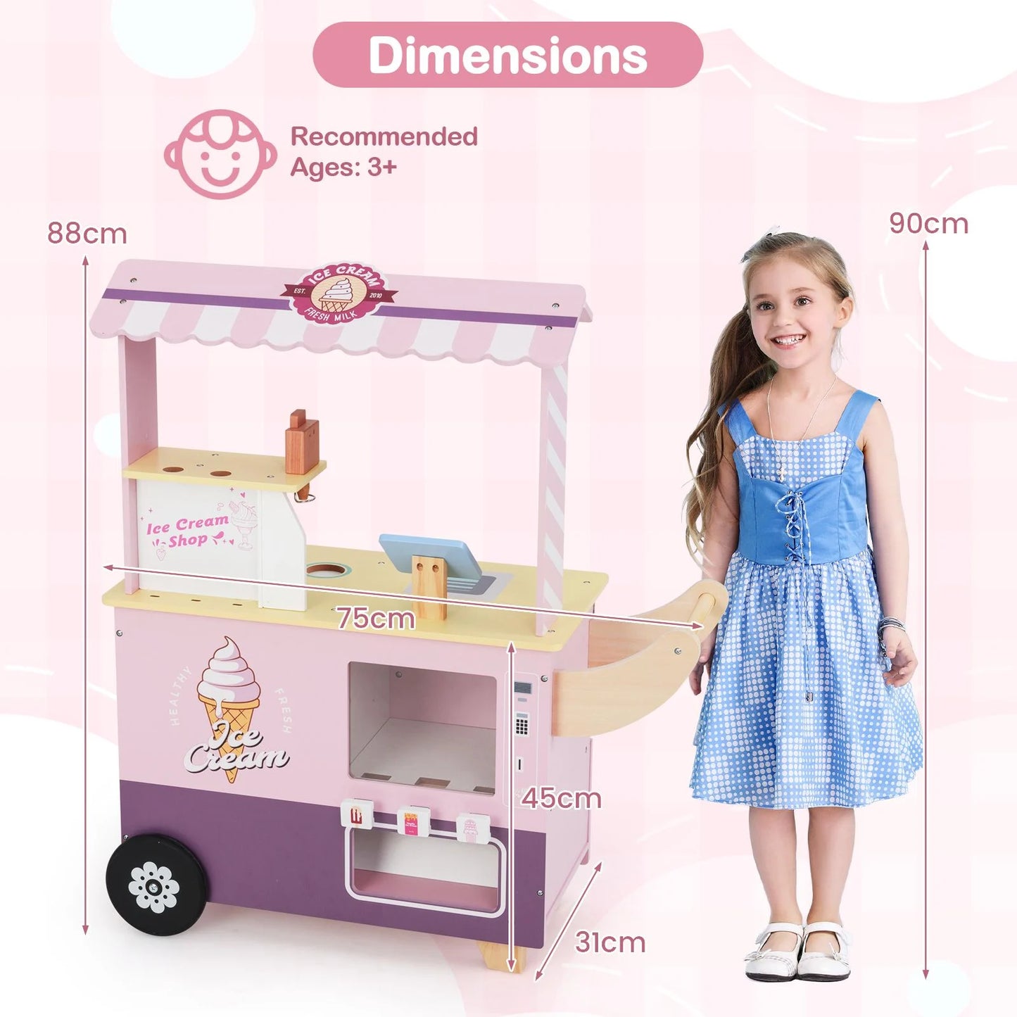 Wooden Kids Ice Cream Cart Pretend Play Set | Toddler Ice Cream Truck with Vending Machine & Accessories | Montessori Role Play Toy Ages 3+