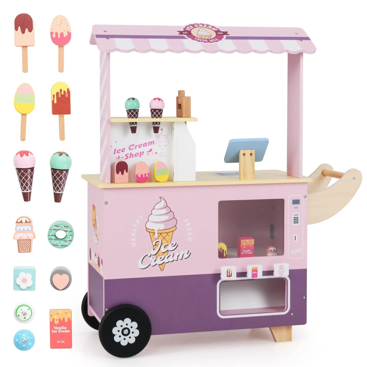 Wooden Kids Ice Cream Cart Pretend Play Set | Toddler Ice Cream Truck with Vending Machine & Accessories | Montessori Role Play Toy Ages 3+
