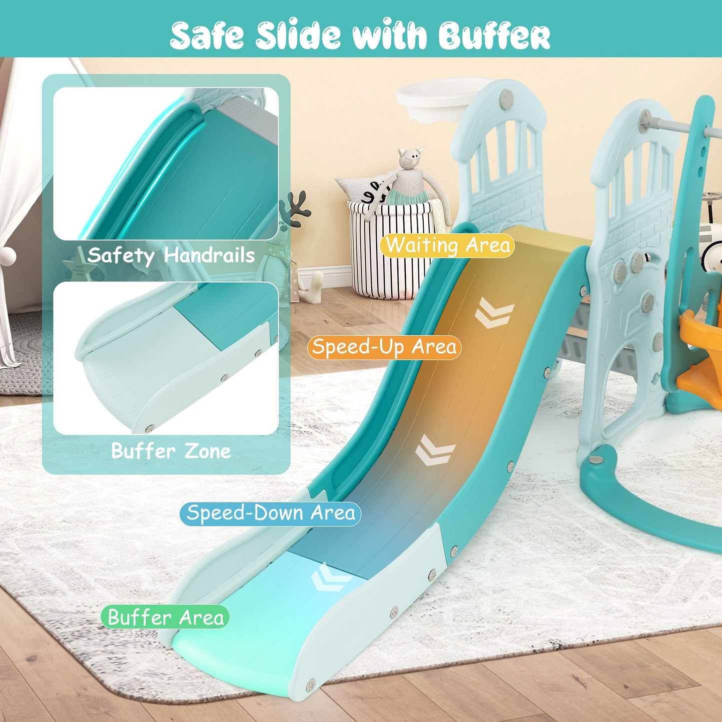 4-in-1 Toddler Slide and Swing Set with Extended Foldable Slide