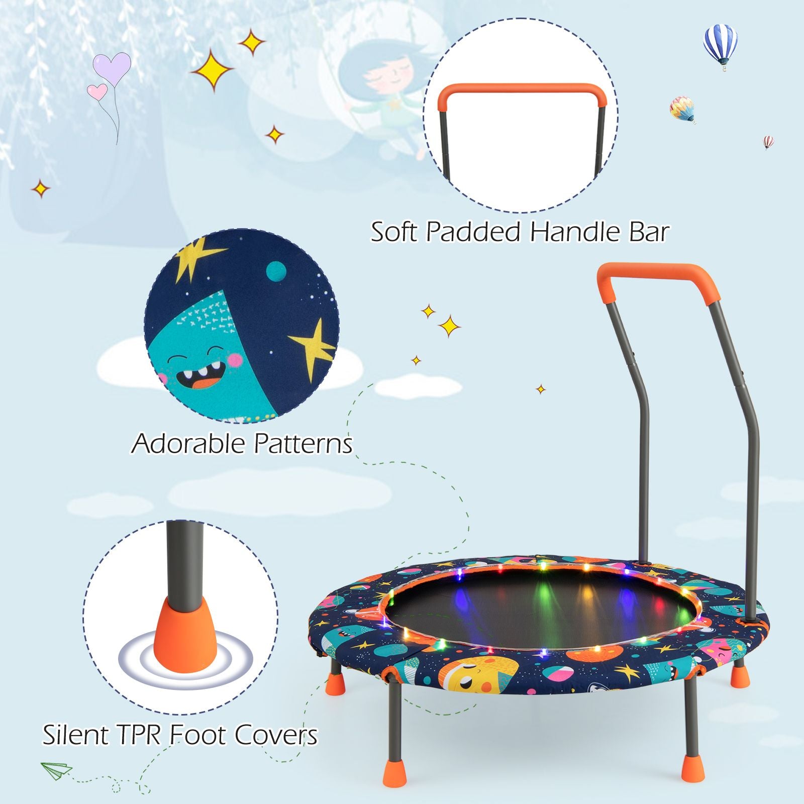 Children's Mini Trampoline with LED Lights and Safety Handle