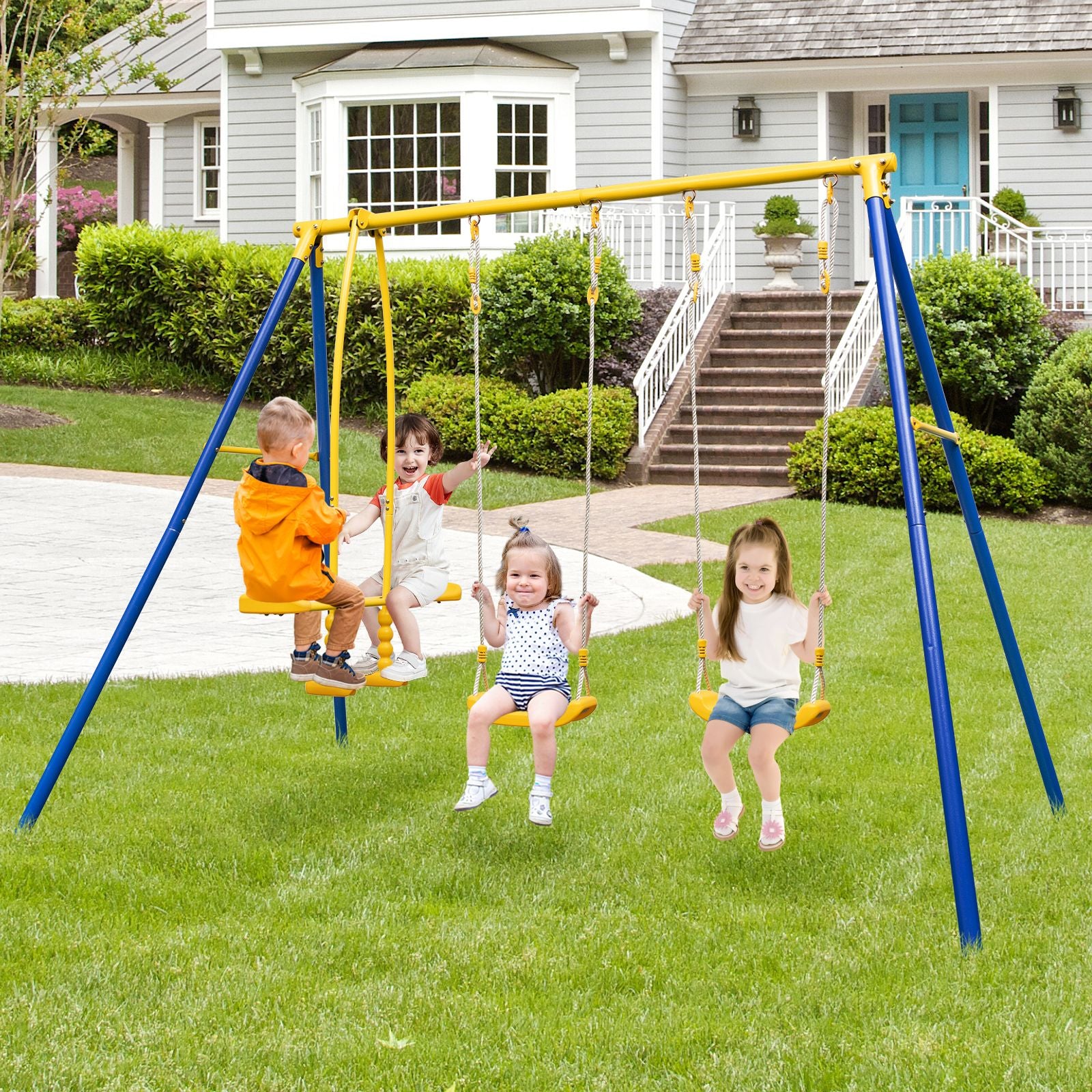 Heavy-Duty Kids Outdoor Swing & Glider Playset – 4-Seat Metal Frame Swing Set for Children Aged 3–12 | Adjustable Swings, Double Glider, Ground Stakes Included