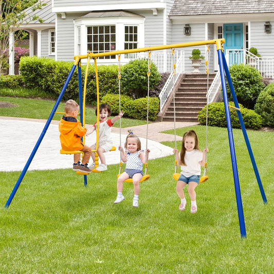 Heavy-Duty Kids Outdoor Swing & Glider Playset – 4-Seat Metal Frame Swing Set for Children Aged 3–12 | Adjustable Swings, Double Glider, Ground Stakes Included
