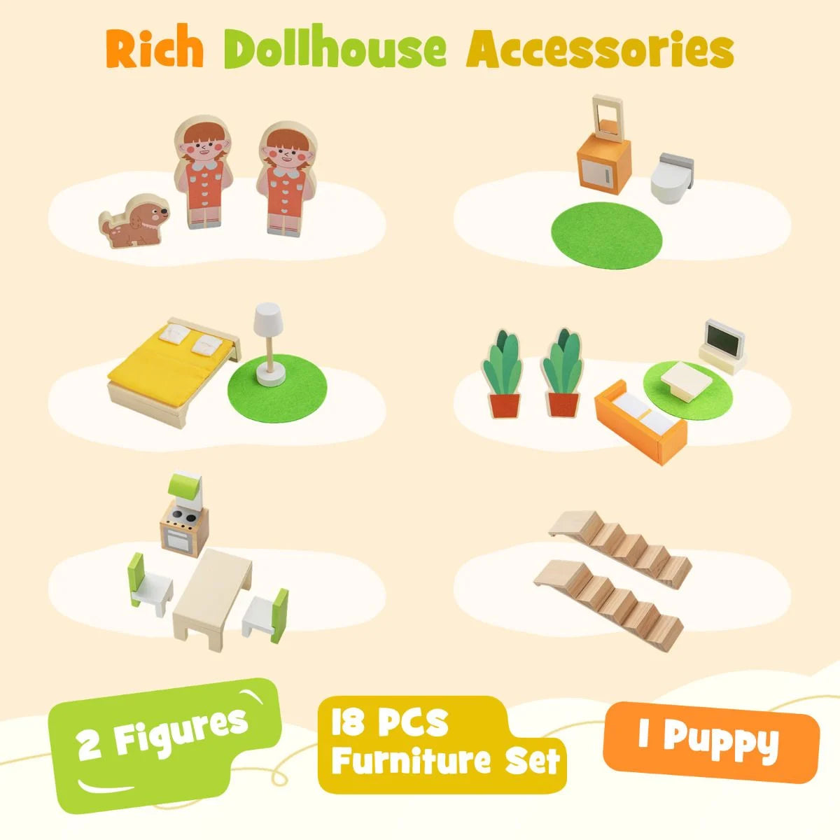 Kids Wooden Dollhouse with 7 Rooms, Figures & 18 Furniture Pieces | Pretend Play Toy for Ages 3+