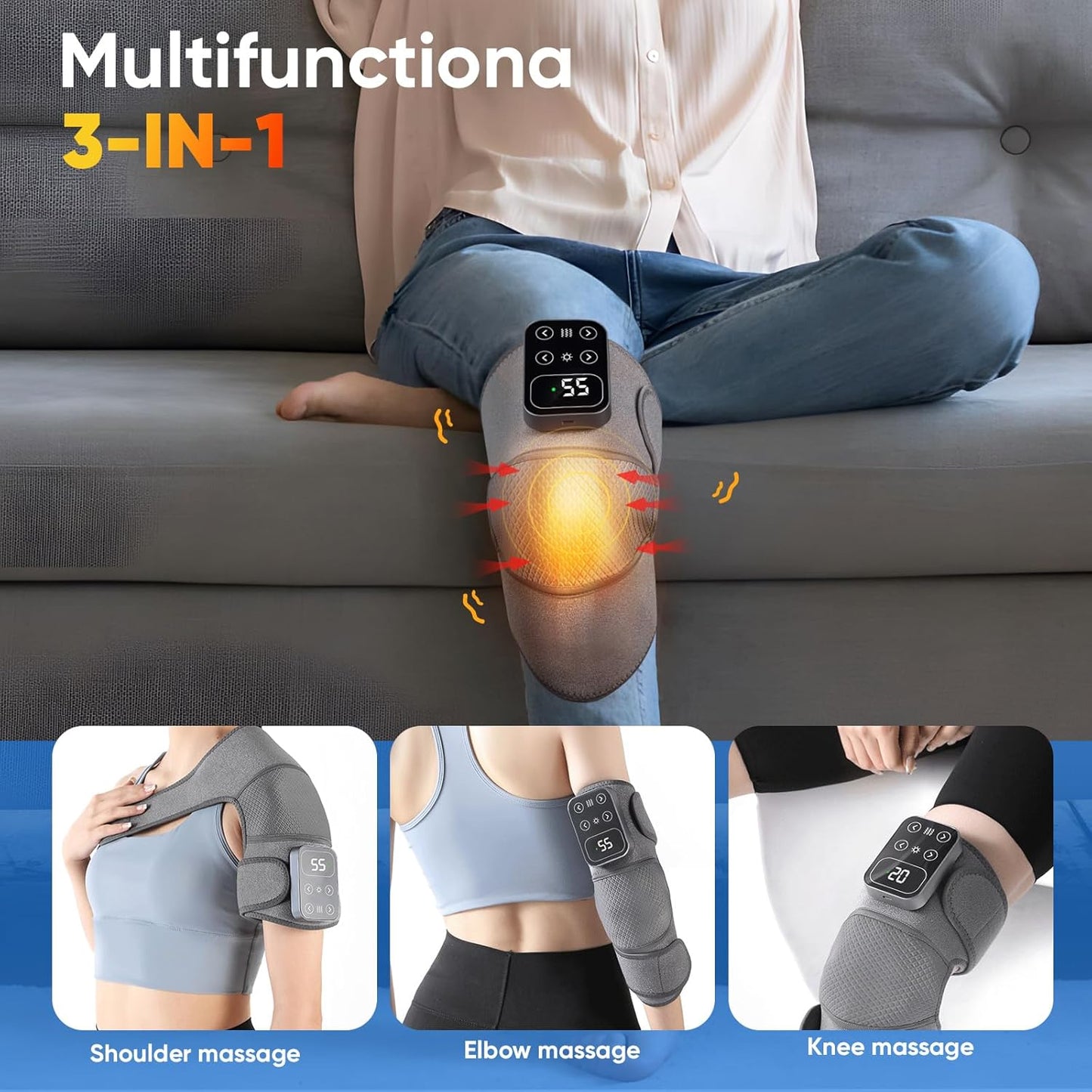 Cordless Heated Knee Massager with Vibration – Rechargeable 3-in-1 Knee, Shoulder & Elbow Wrap | 5 Heat Levels, 3 Vibration Modes, Adjustable Straps for Joint Pain, Muscle Strain & Arthritis Relief – Grey
