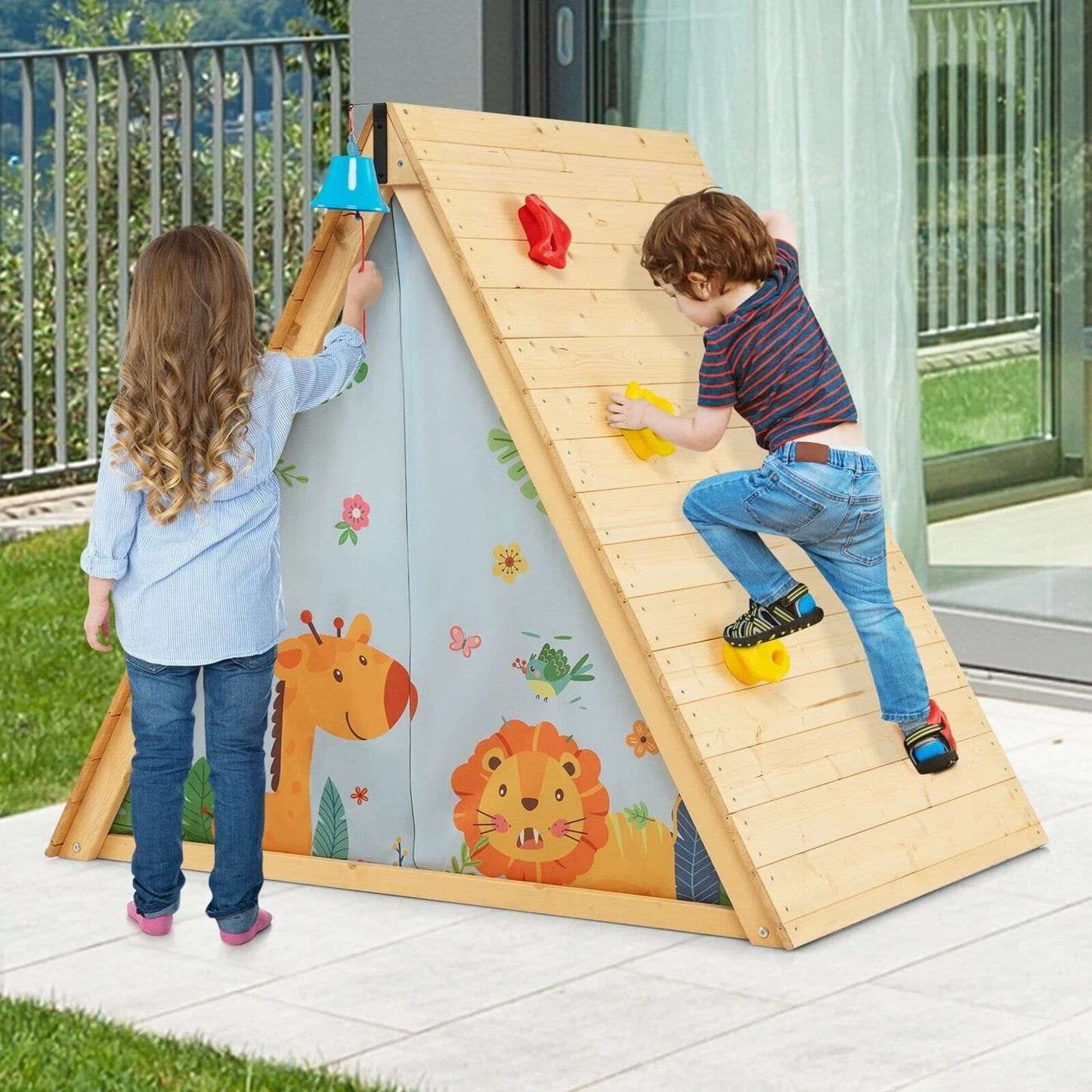 2-in-1 Wooden Kids Climbing Playhouse with Bell, Window & Curtains | Indoor & Outdoor Play Tent for Ages 3-8