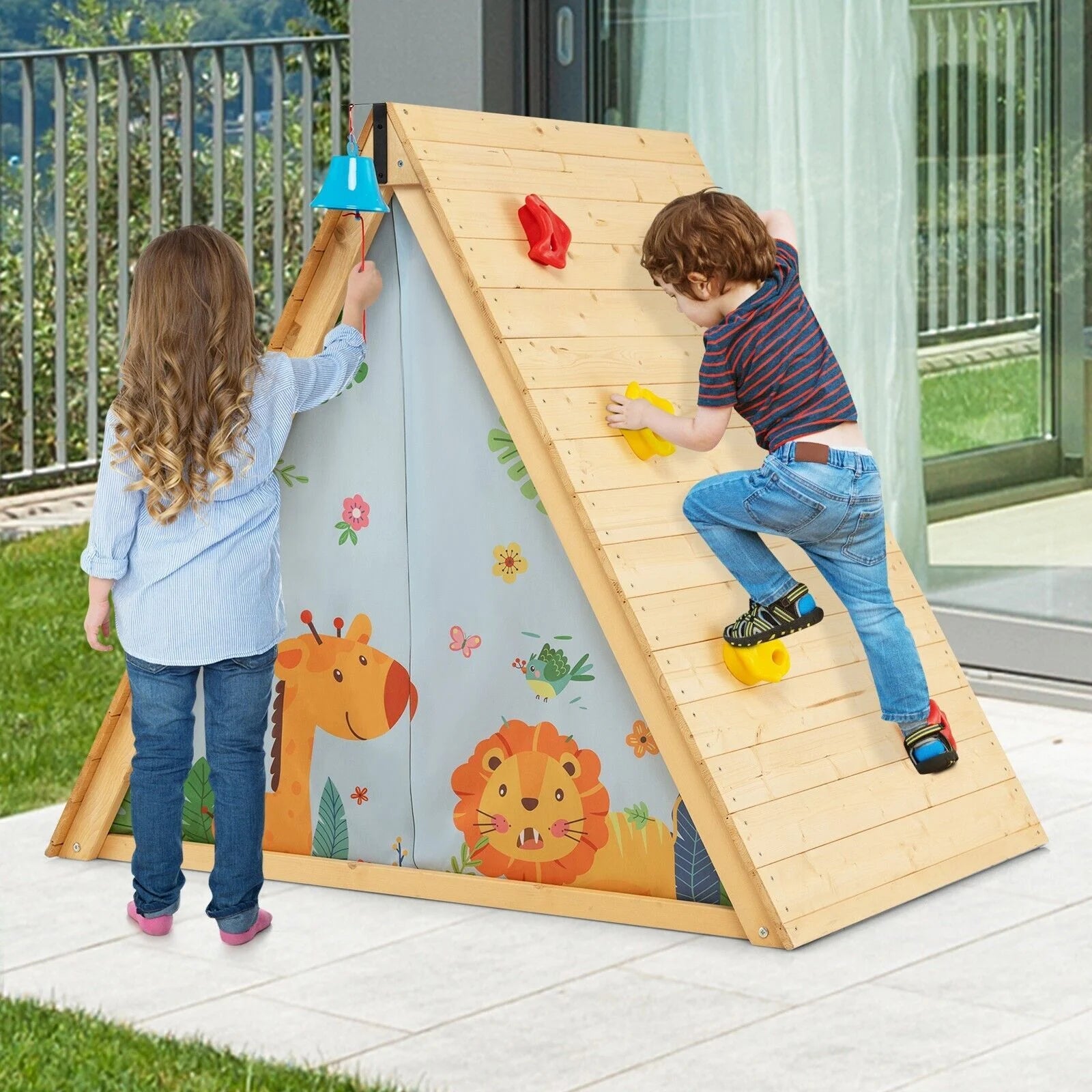 2-in-1 Wooden Kids Climbing Playhouse with Bell, Window & Curtains | Indoor & Outdoor Play Tent for Ages 3-8