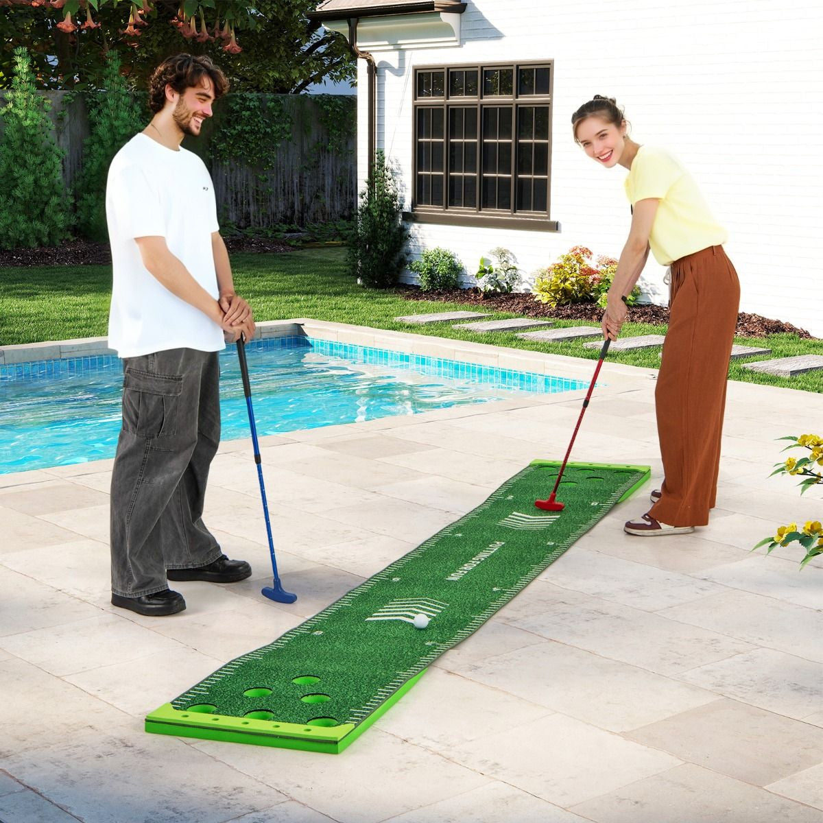 11-Foot Indoor Putting Green Mat with Adjustable Putters, Golf Balls, and Hole Covers for Events