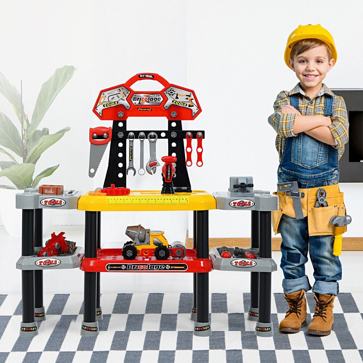121-Piece Children's Pretend Play Tool Set with Double-Tier Workbench and Construction Accessories