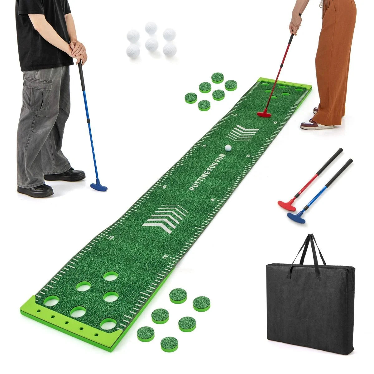 11-Foot Indoor Putting Green Mat with Adjustable Putters, Golf Balls, and Hole Covers for Events