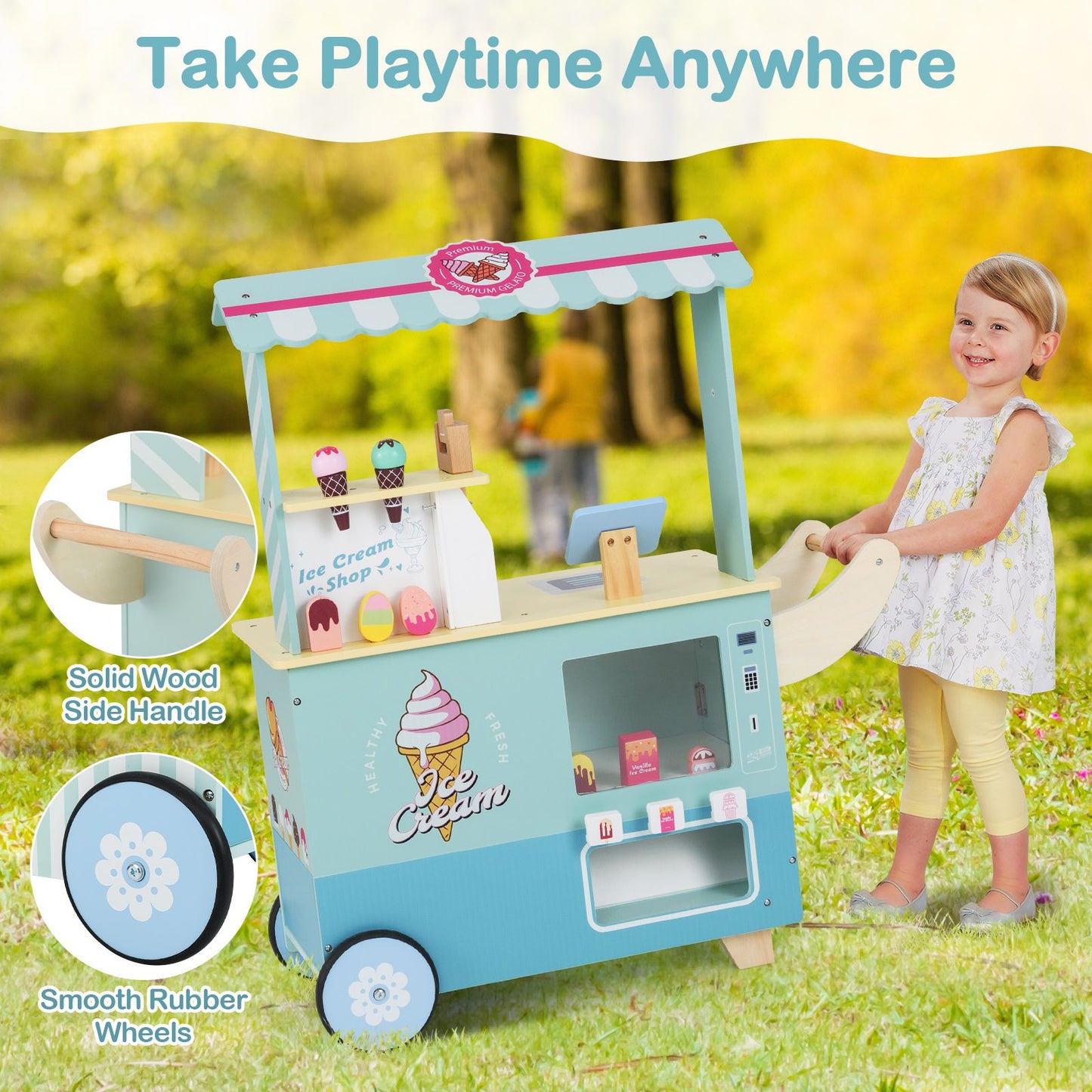 Wooden Kids Ice Cream Cart Pretend Play Set | Toddler Ice Cream Truck with Vending Machine & Accessories | Montessori Role Play Toy Ages 3+