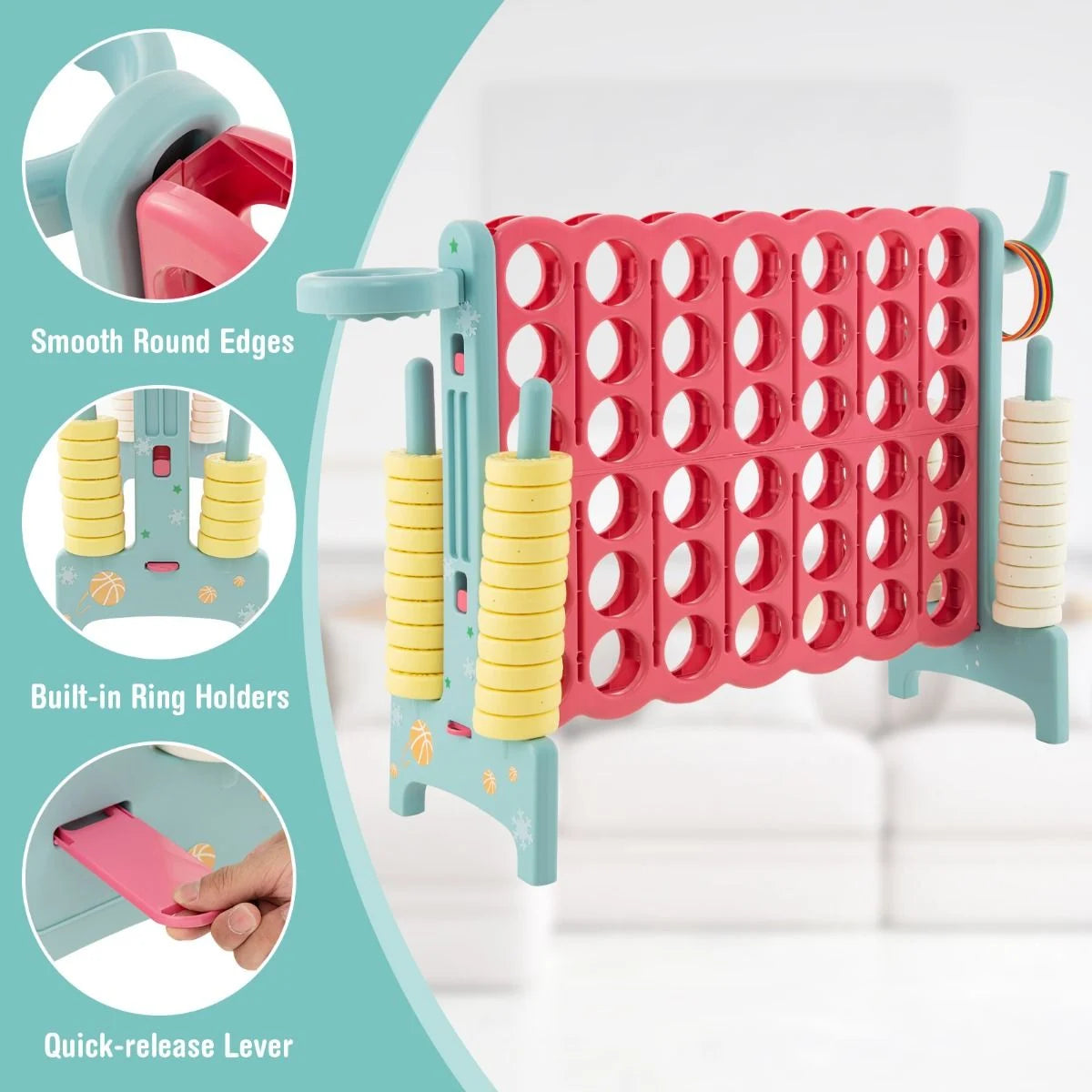 Upgraded 4-To-Score Game Set with Basketball Hoop & Toss Rings – Fun Family Game for Kids & Adults