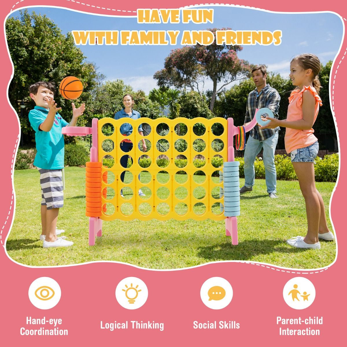 Upgraded 4-To-Score Game Set with Basketball Hoop & Toss Rings – Fun Family Game for Kids & Adults