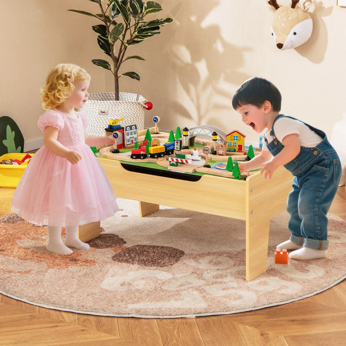 Wooden Train Table 78 Pieces Kids Activity Railway Playset