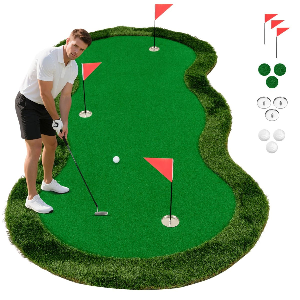 5 x 10 ft Professional Golf Practice Mat with Three Holes and Included Golf Balls for Home Use