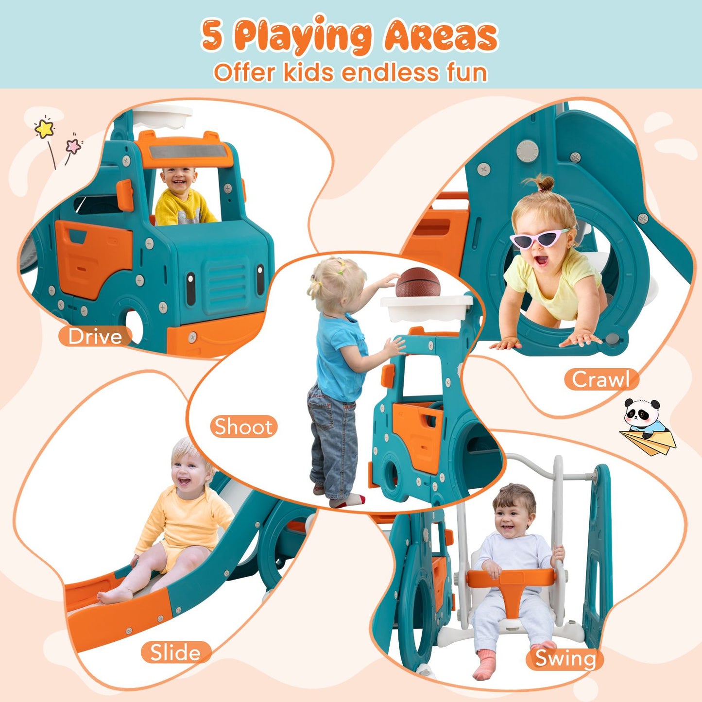 5-in-1 Kids Slide & Swing Playset with Basketball Hoop, Mini Bus Tunnel & Foldable Slide | Indoor & Outdoor Toddler Activity Center