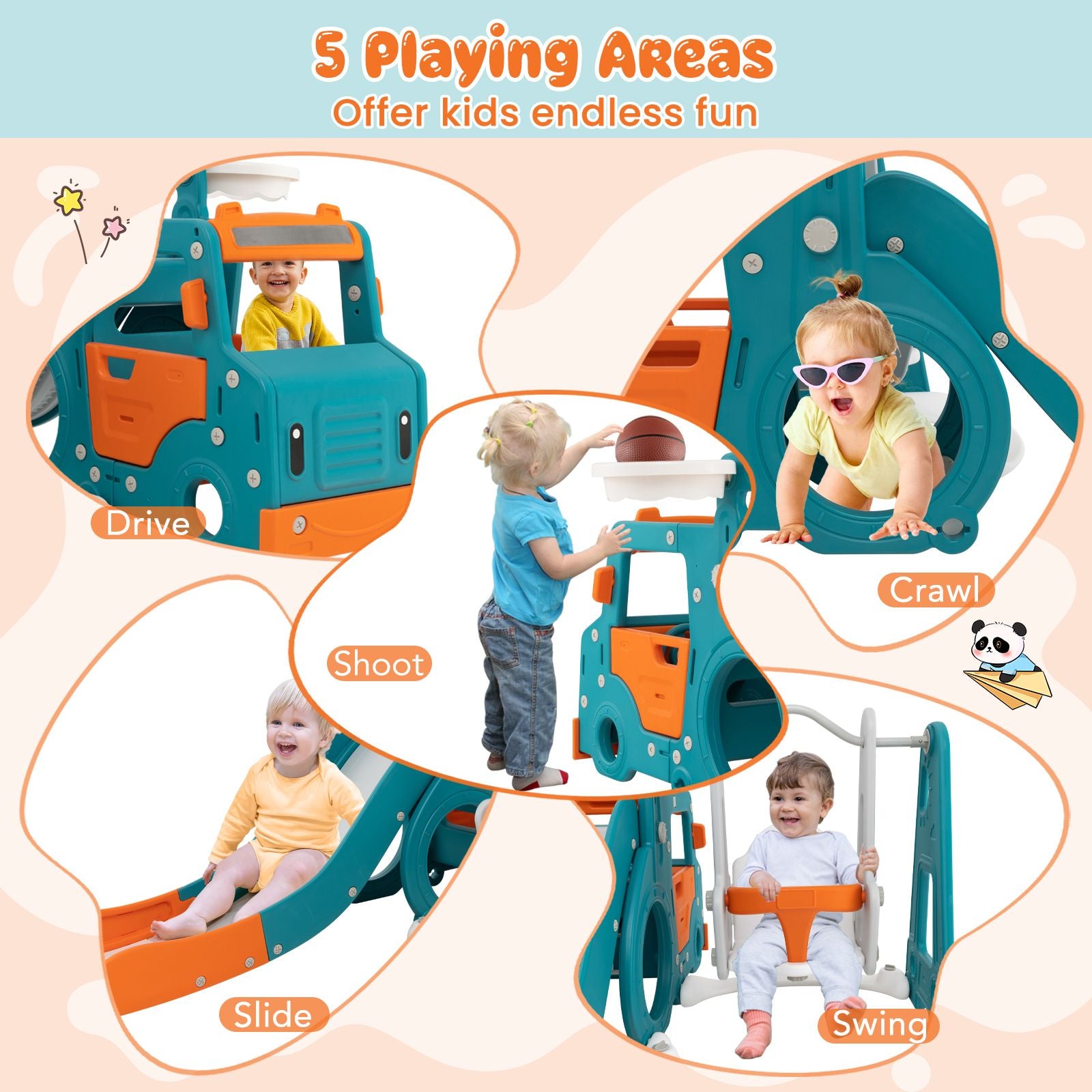 5-in-1 Kids Slide & Swing Playset with Basketball Hoop, Mini Bus Tunnel & Foldable Slide | Indoor & Outdoor Toddler Activity Center