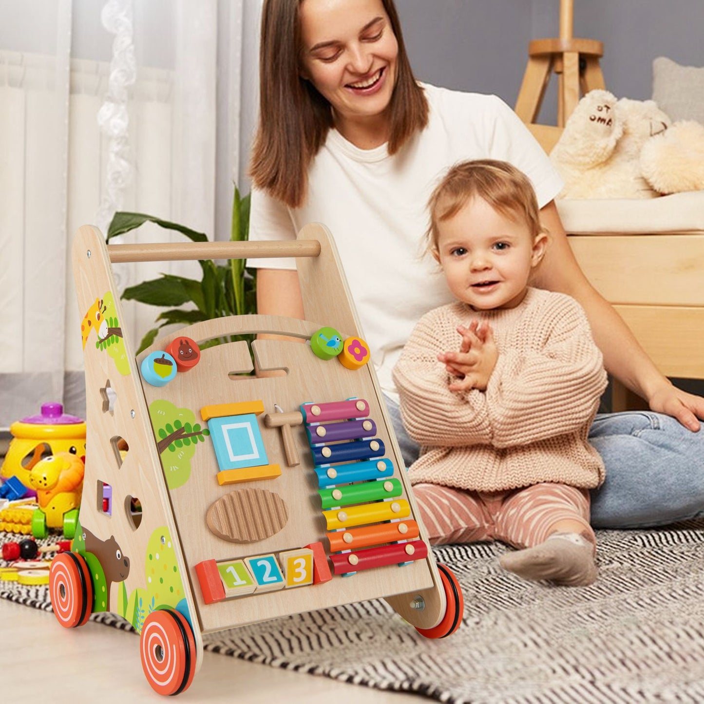 Wooden Baby Walker with Activity Center, Xylophone & Shape Sorters | Montessori Push Walker with Storage