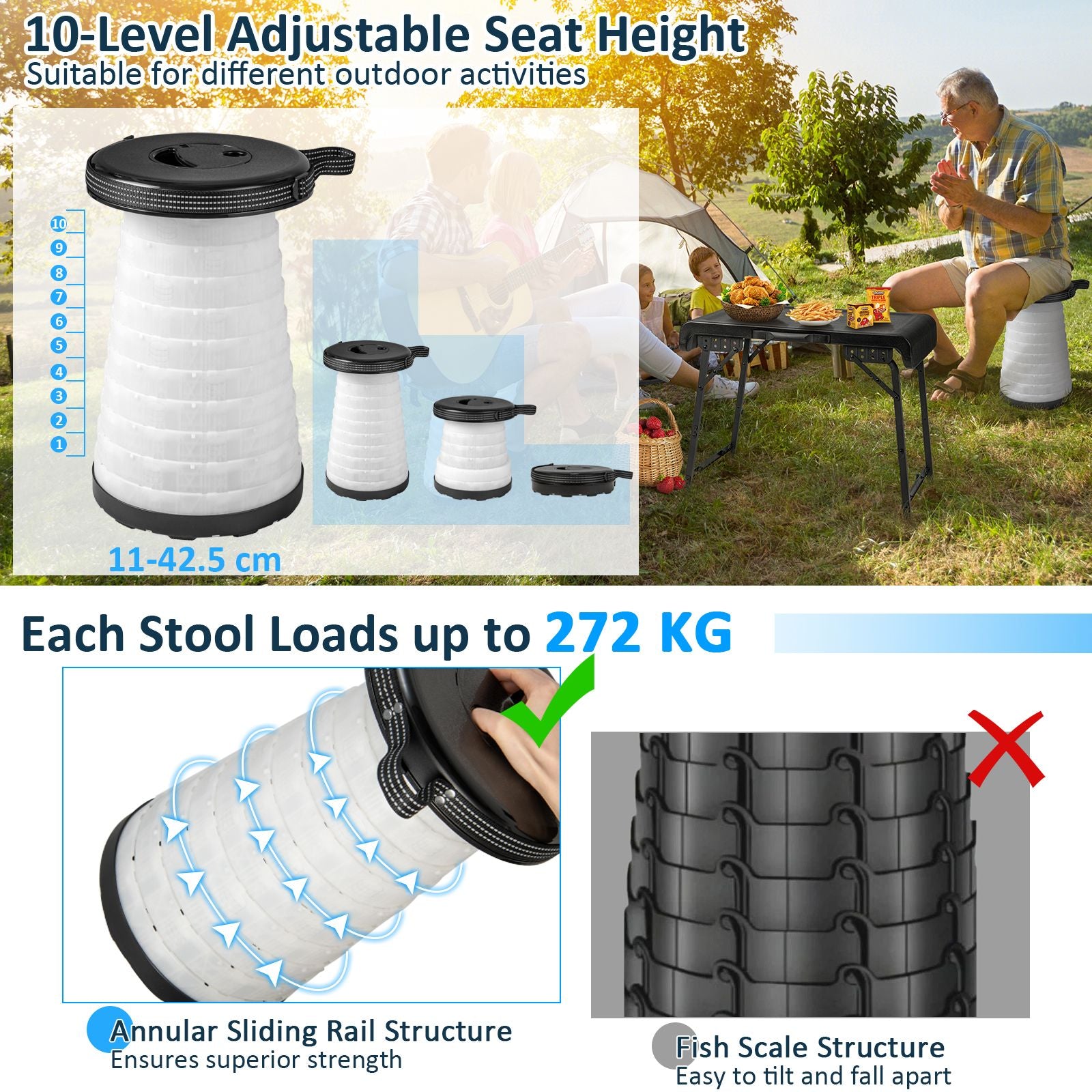 3-Piece Portable Folding Table and Stool Set with Retractable LED Lighting