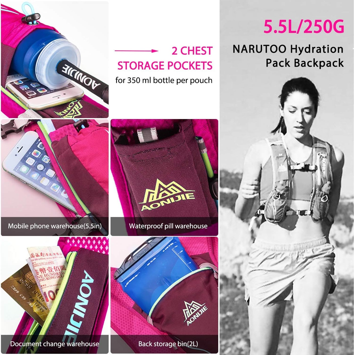 Hydration Pack Backpack 5.5L | Lightweight Running Hydration Vest for Men & Women | Trail Running, Marathon, Hiking & Cycling Backpack (Available with or without Water Bottle)