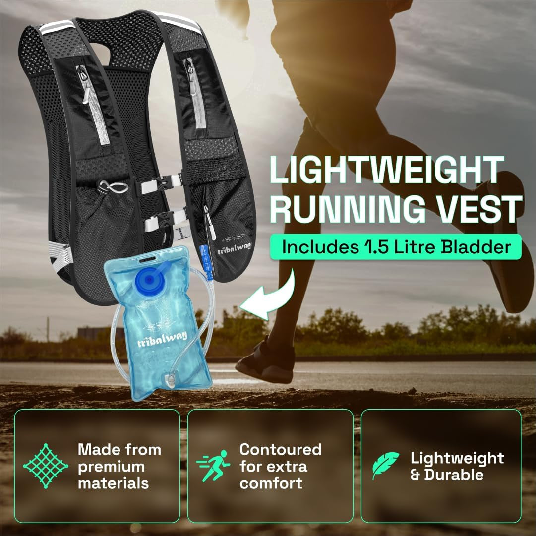 Lightweight Running Vest with 1.5L Water Bladder – Breathable Reflective Hydration Backpack with Phone Holder for Men & Women | Ideal for Running, Hiking & Cycling – Black