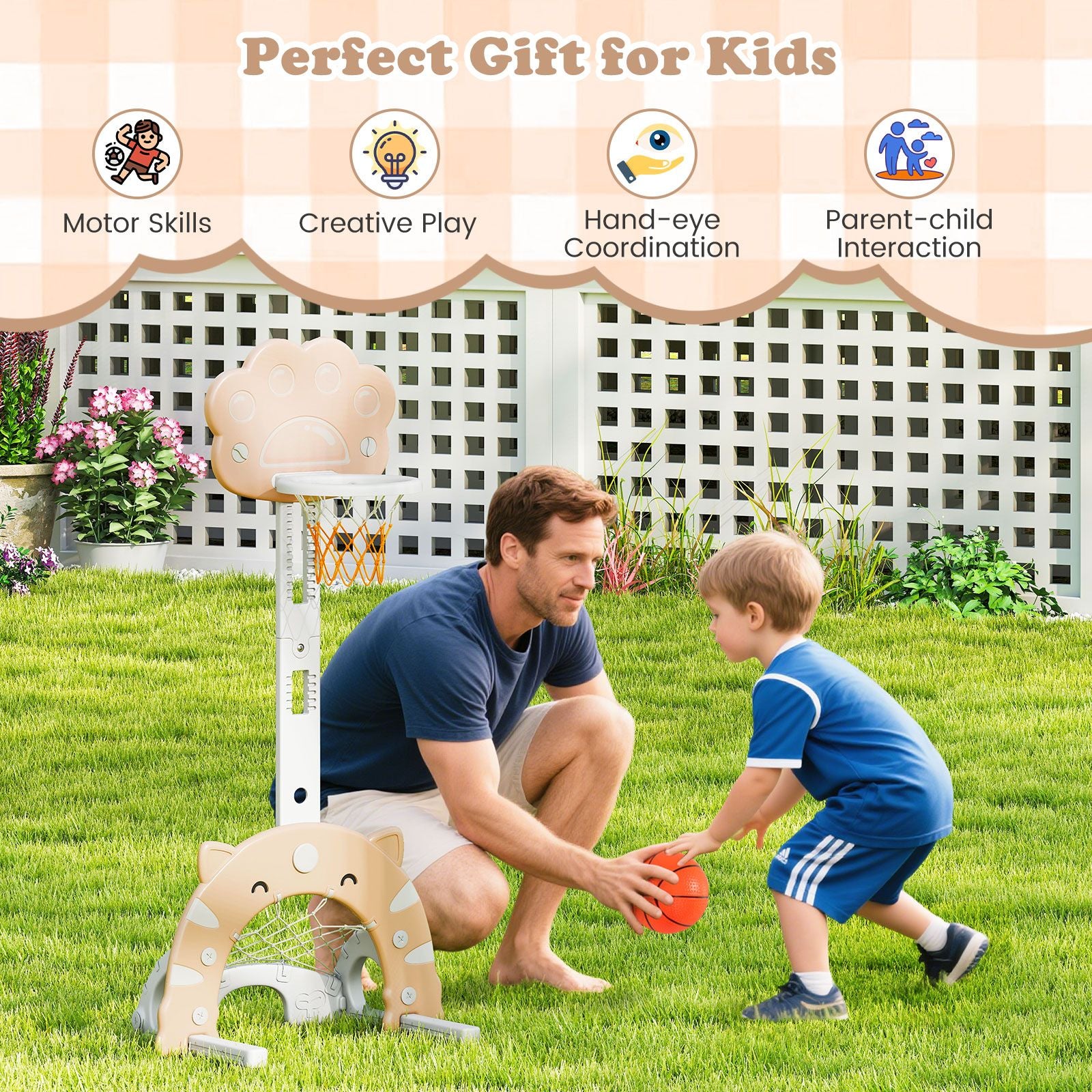 Adjustable 3-in-1 Kids Sports Center with Basketball Hoop and Soccer Game