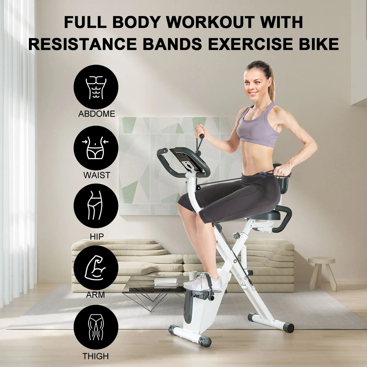 Foldable Exercise Bike 8 Resistance Exercise Bike with Heart Rate Sensors Fitness Bike LCD Stationary Fitness Bicycle for Indoor