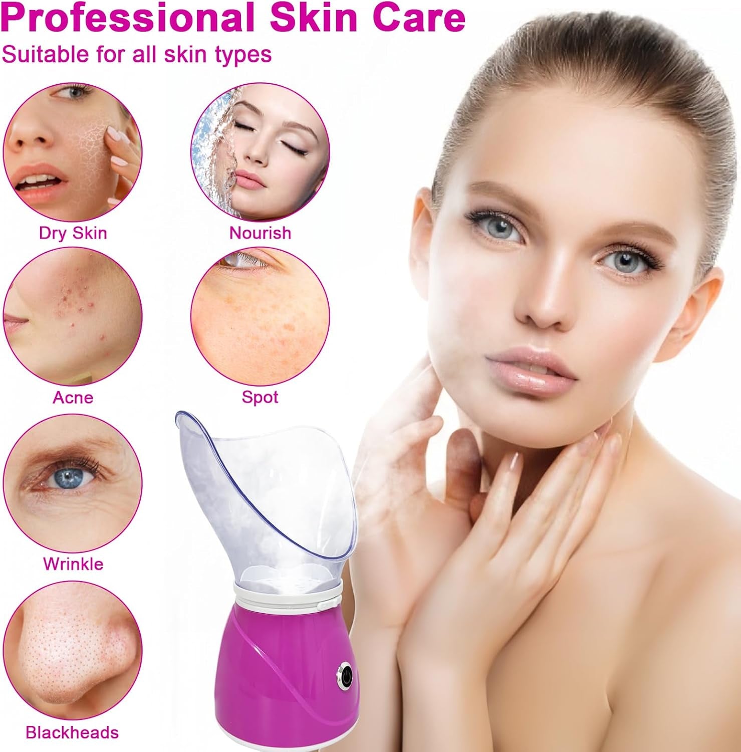 Facial Steamer – Professional Ionic Face Steamer for Deep Cleansing, Blackhead Removal & Sinus Relief | Home Spa Skincare Device for Radiant, Revitalized Skin – Pink