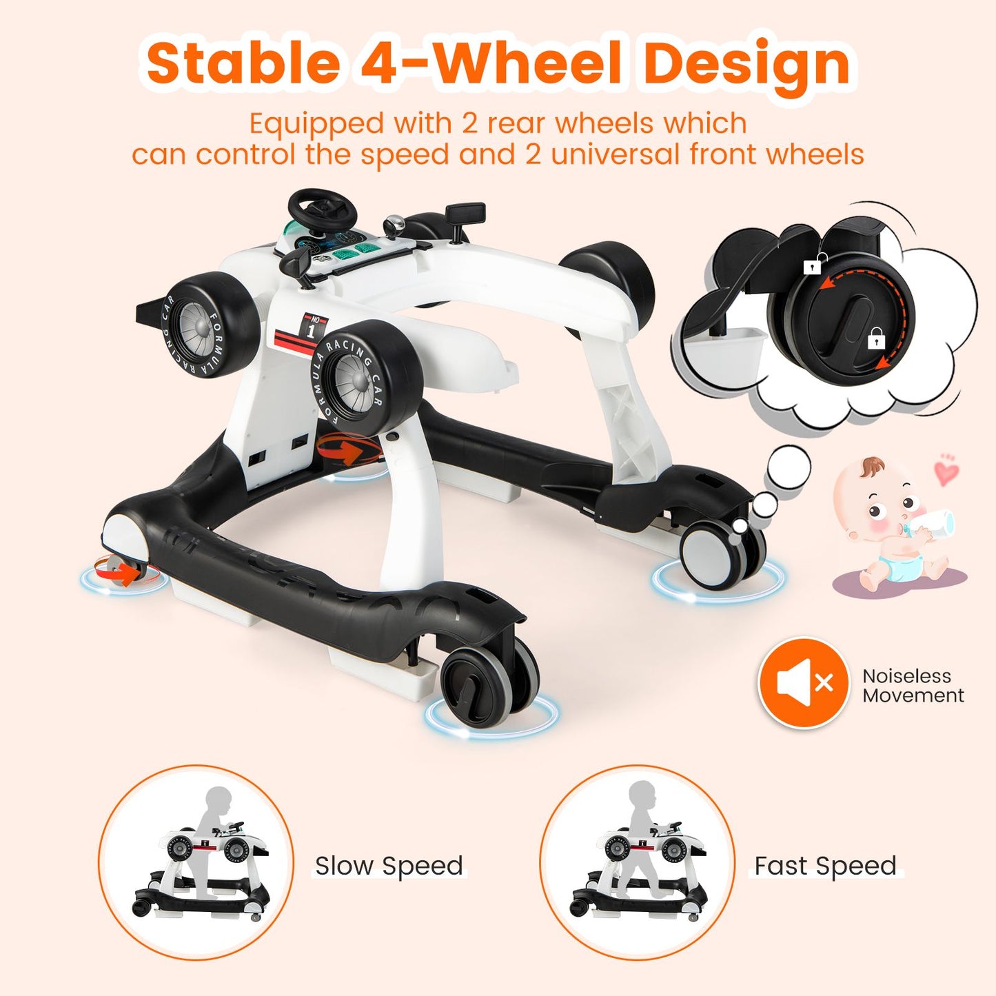 4-in-1 Adjustable Height and Speed Baby Push Walker