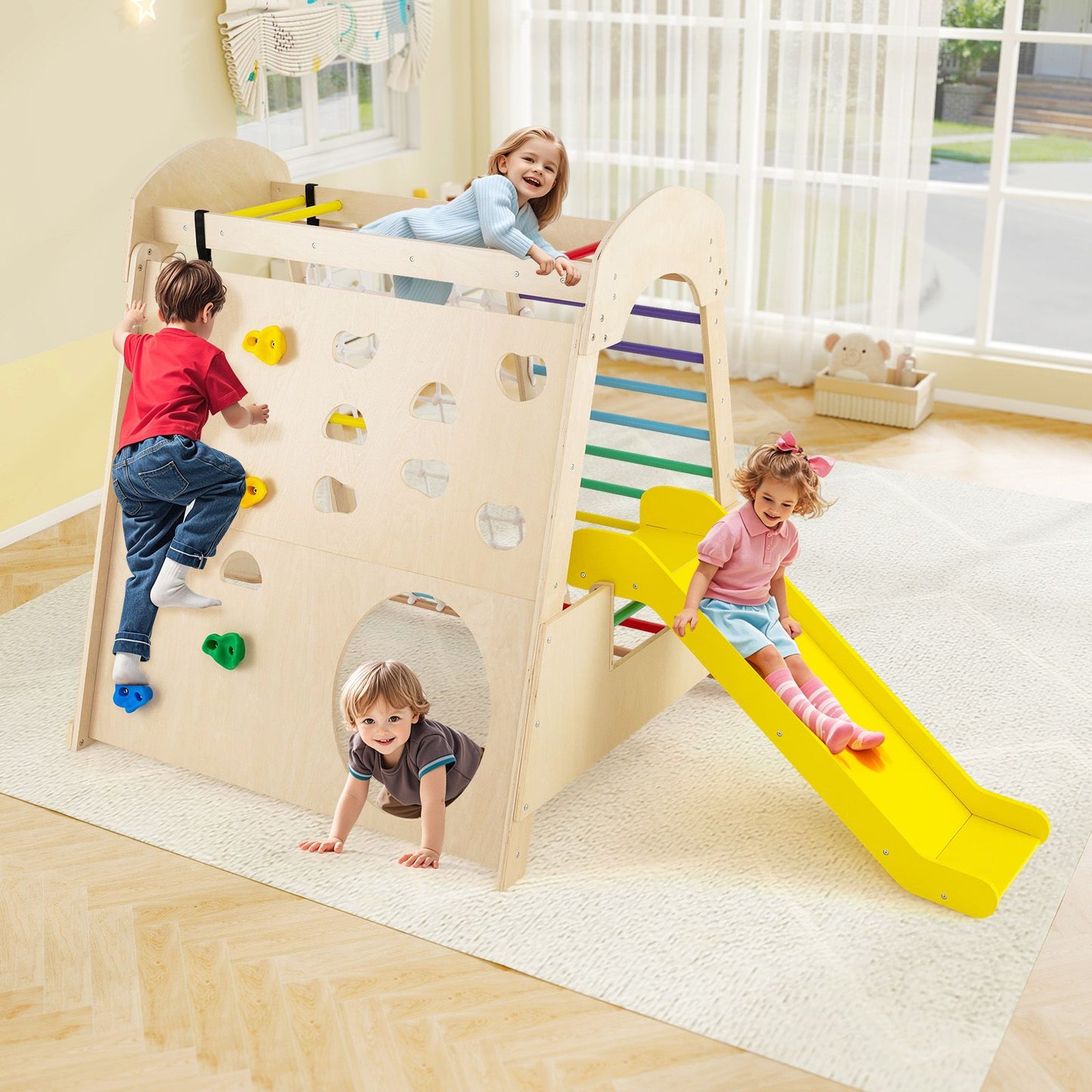 8-In-1 Indoor Jungle Gym Wooden Playground with Climbing Wall