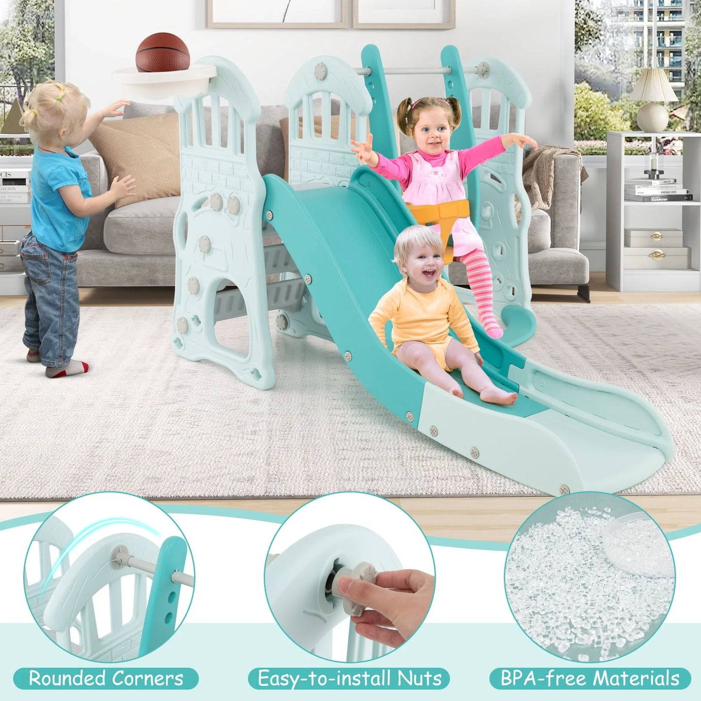 4-in-1 Toddler Slide and Swing Set with Extended Foldable Slide