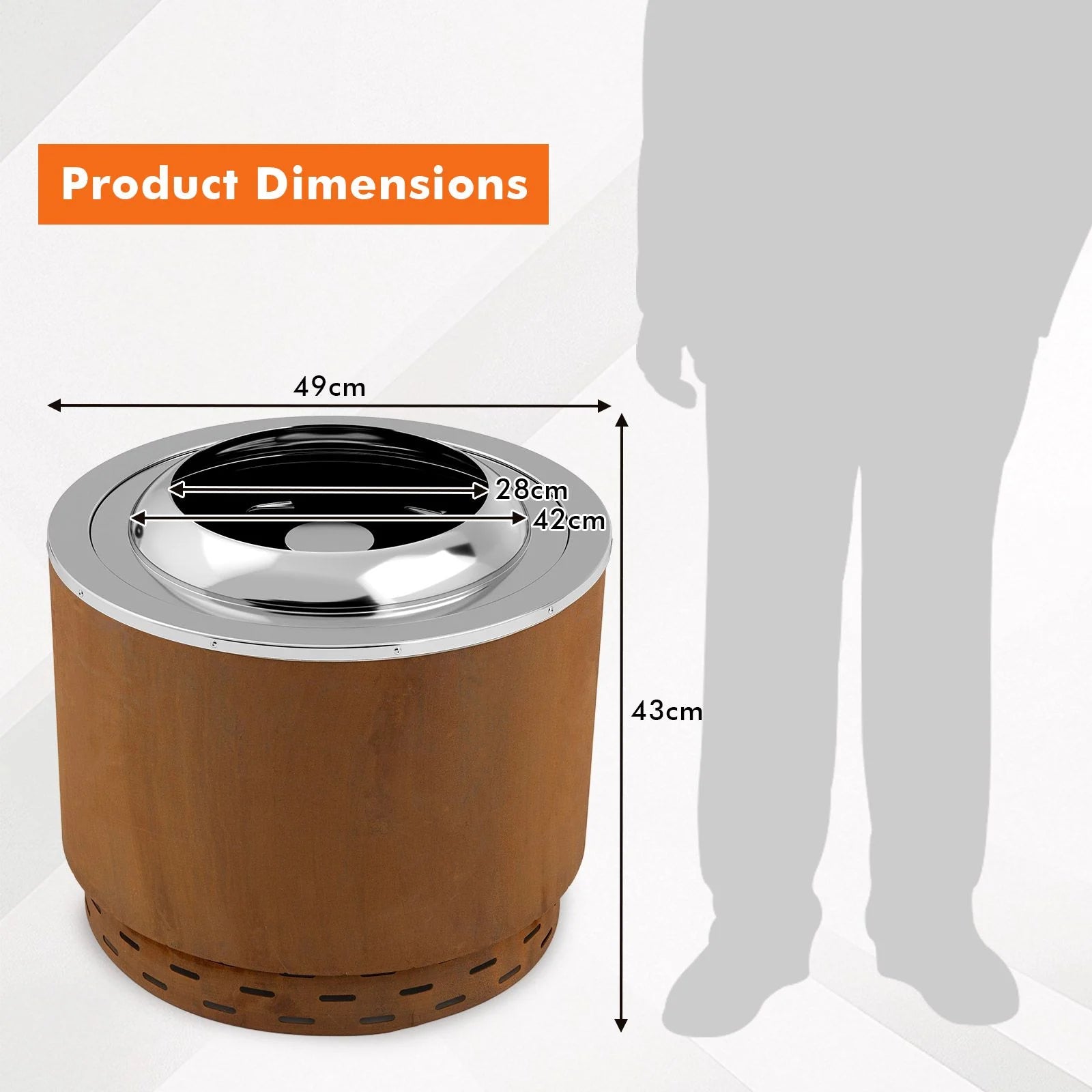 49 cm Smokeless Stainless Steel Fire Pit with Weather-Resistant Steel Exterior