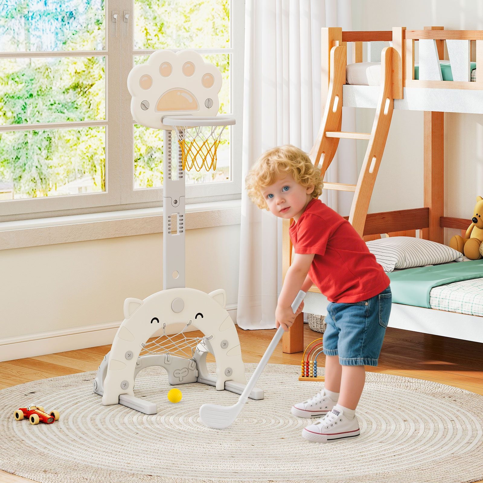 Adjustable 3-in-1 Kids Sports Center with Basketball Hoop and Soccer Game