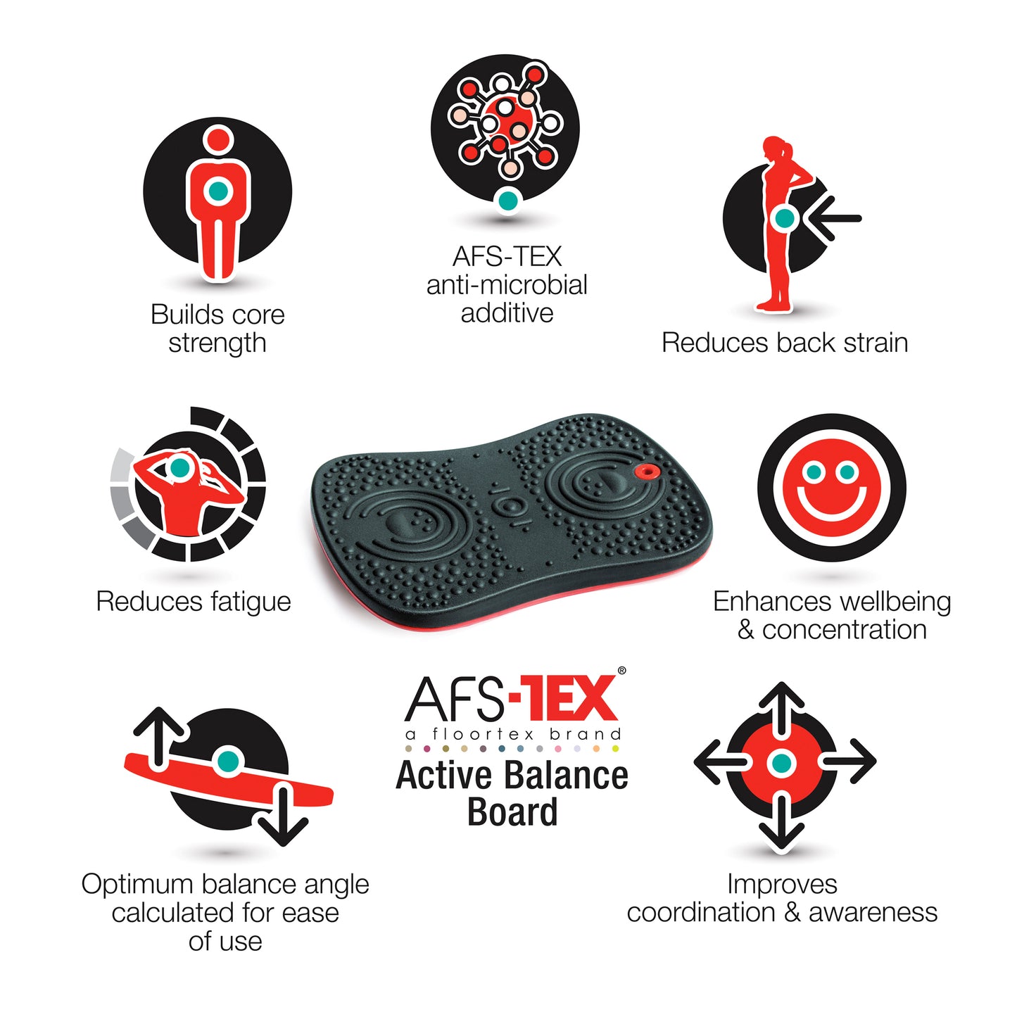 AFS-TEX® Active Balance Board – Anti-Microbial Wobble Board for Standing Desks & Exercise, 35 x 50cm, Black