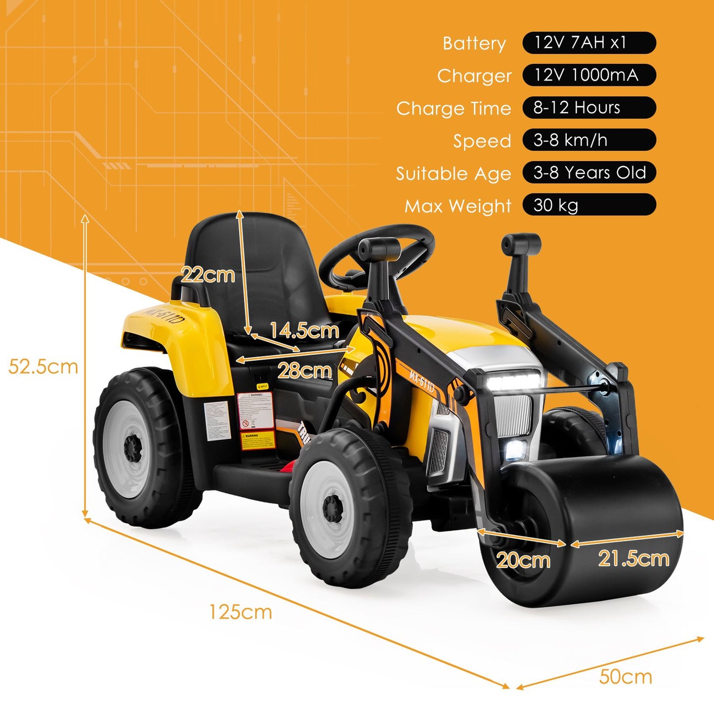 12V Kids Ride-On Road Roller with Remote Control | Battery Powered Construction Vehicle with Music, Lights & Safety Belt