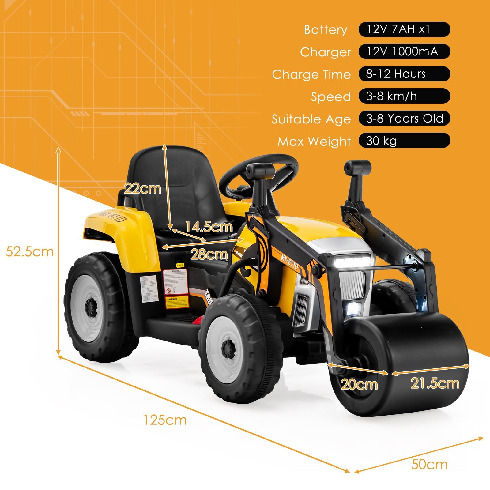 12V Kids Ride-On Road Roller with Remote Control | Battery Powered Construction Vehicle with Music, Lights & Safety Belt