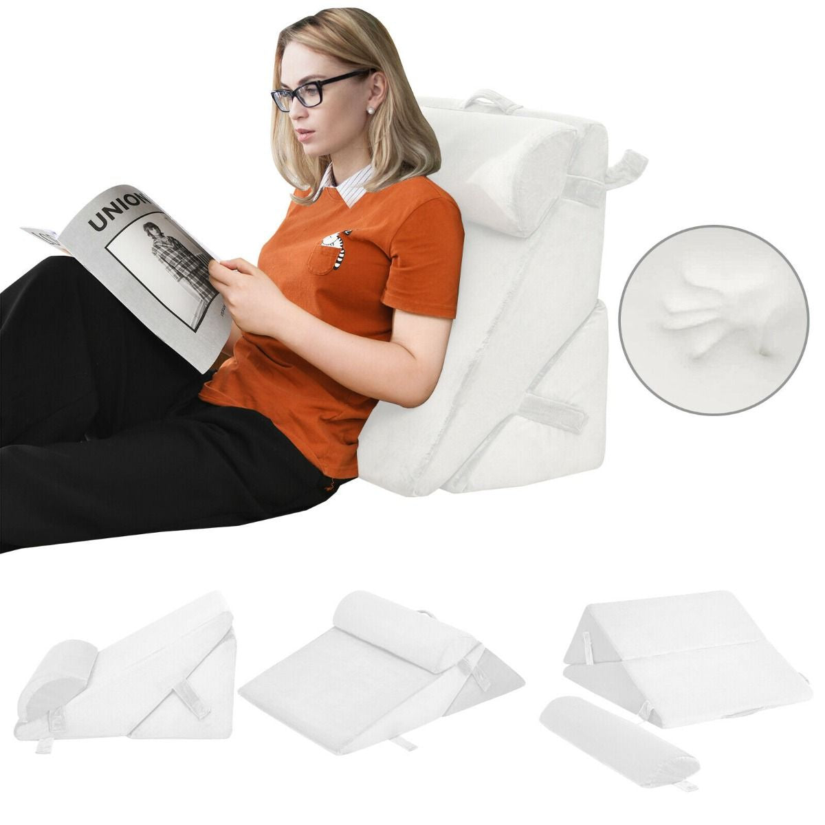 Elevated Bed Wedge Pillow with Integrated Headrest and Removable Washable Cover for Comfortable Reading