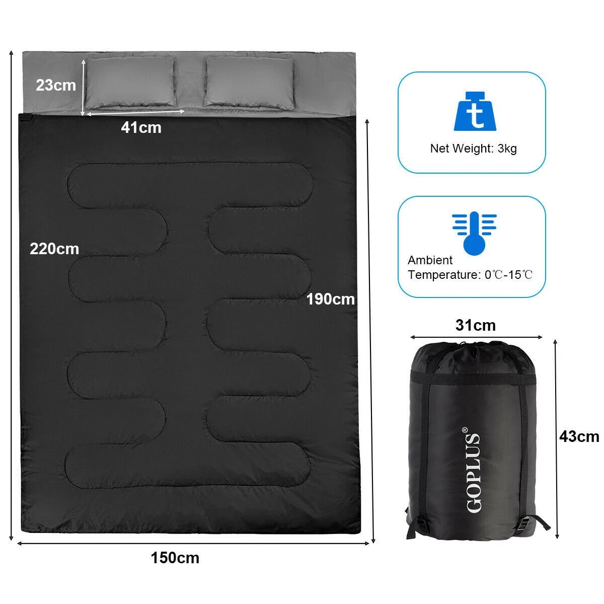 Extra Large Waterproof Double Sleeping Bag with Carrying Bag