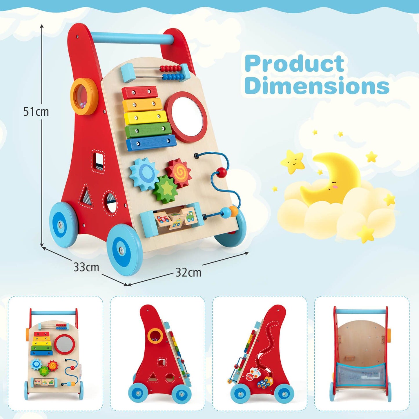 Wooden Baby Walker with Activity Center, Mirror & Xylophone | Montessori Learning Push Toy for Toddlers