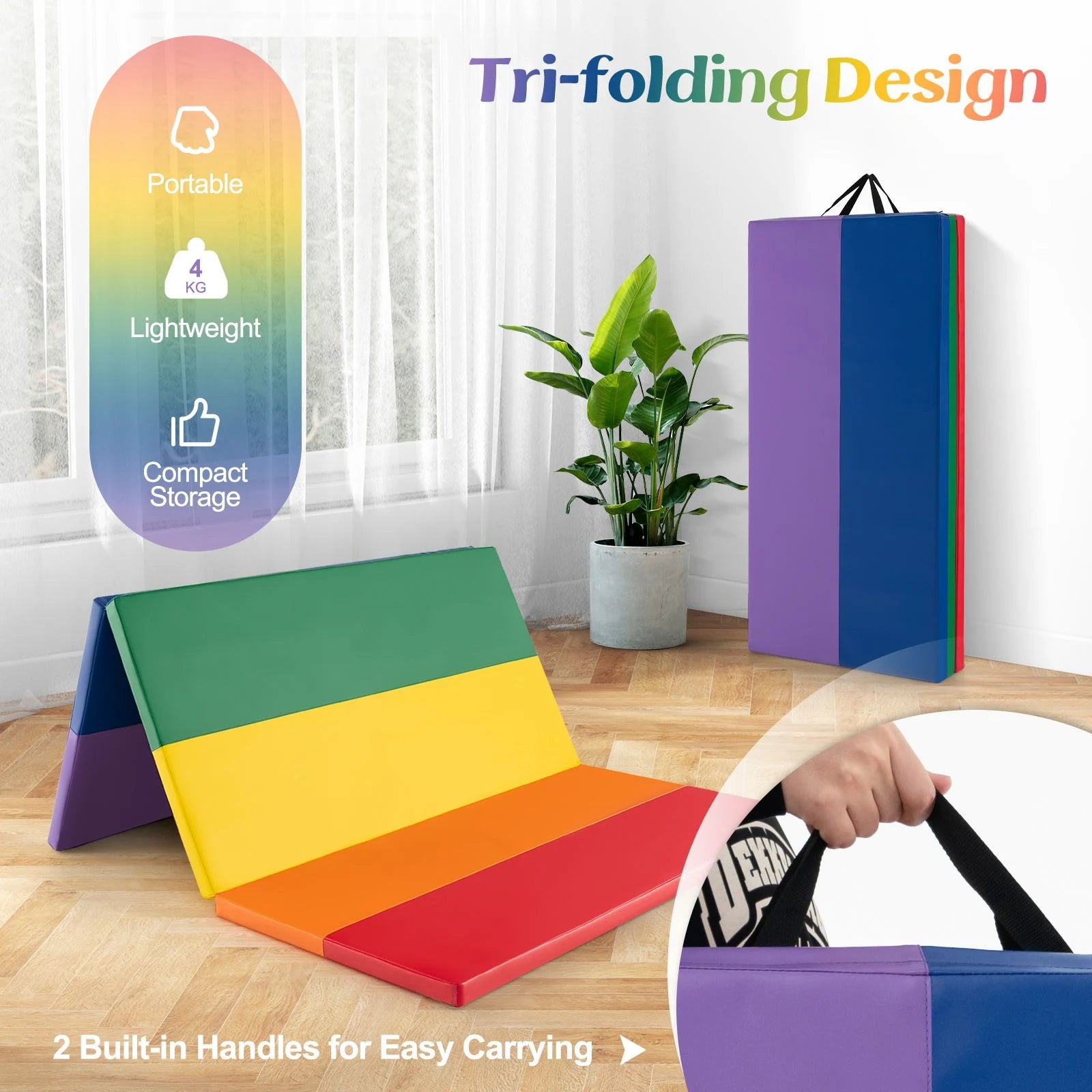 Tri-Fold Thick Tumbling Gymnastics Mat with Hook and Loop Fasteners