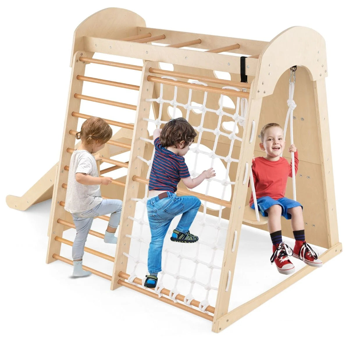 8-In-1 Indoor Jungle Gym Wooden Playground with Climbing Wall