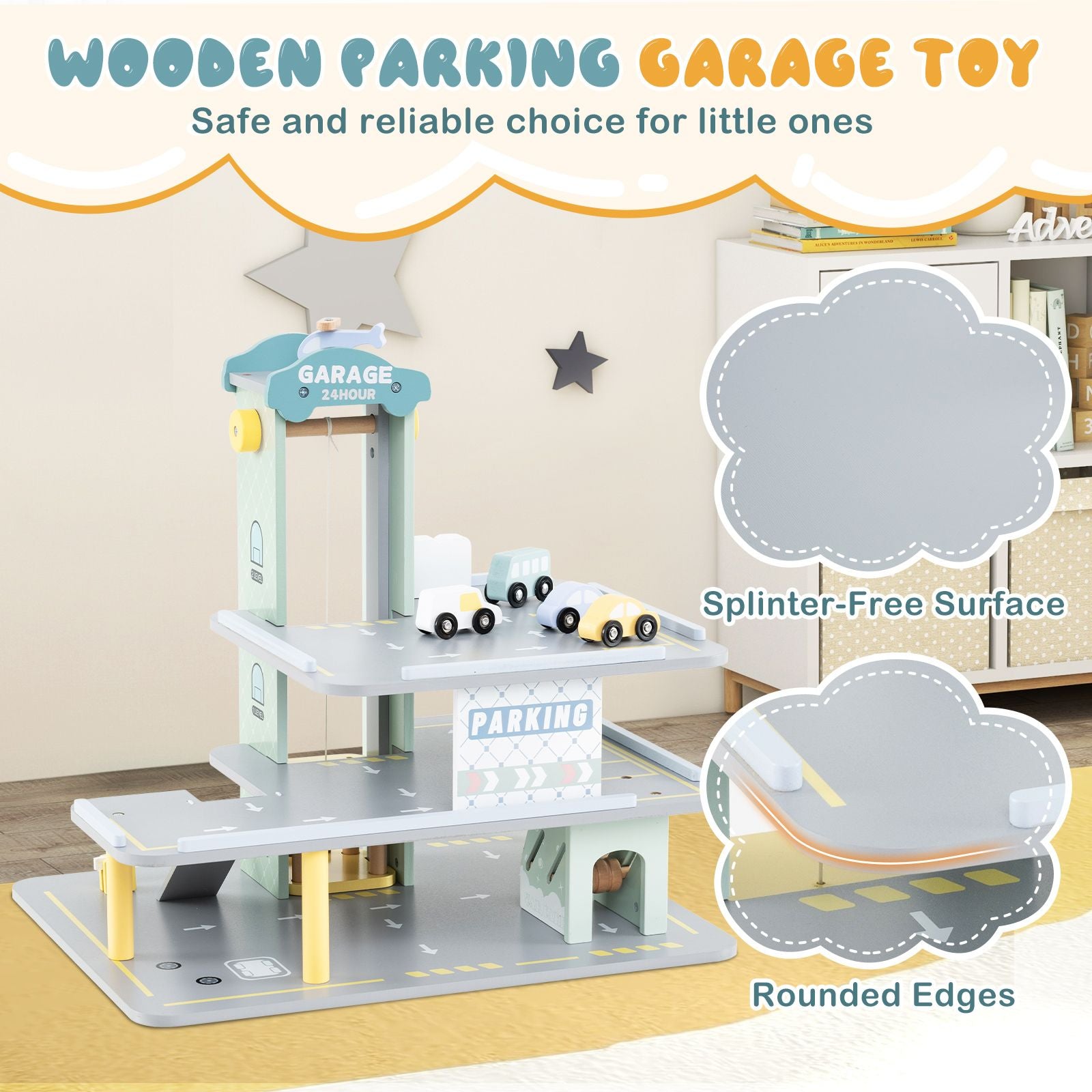 3-Layer Wooden Toy Garage Playset with 4 Cars & Helicopter | Kids Parking Garage with Elevator, Car Wash & Gas Station