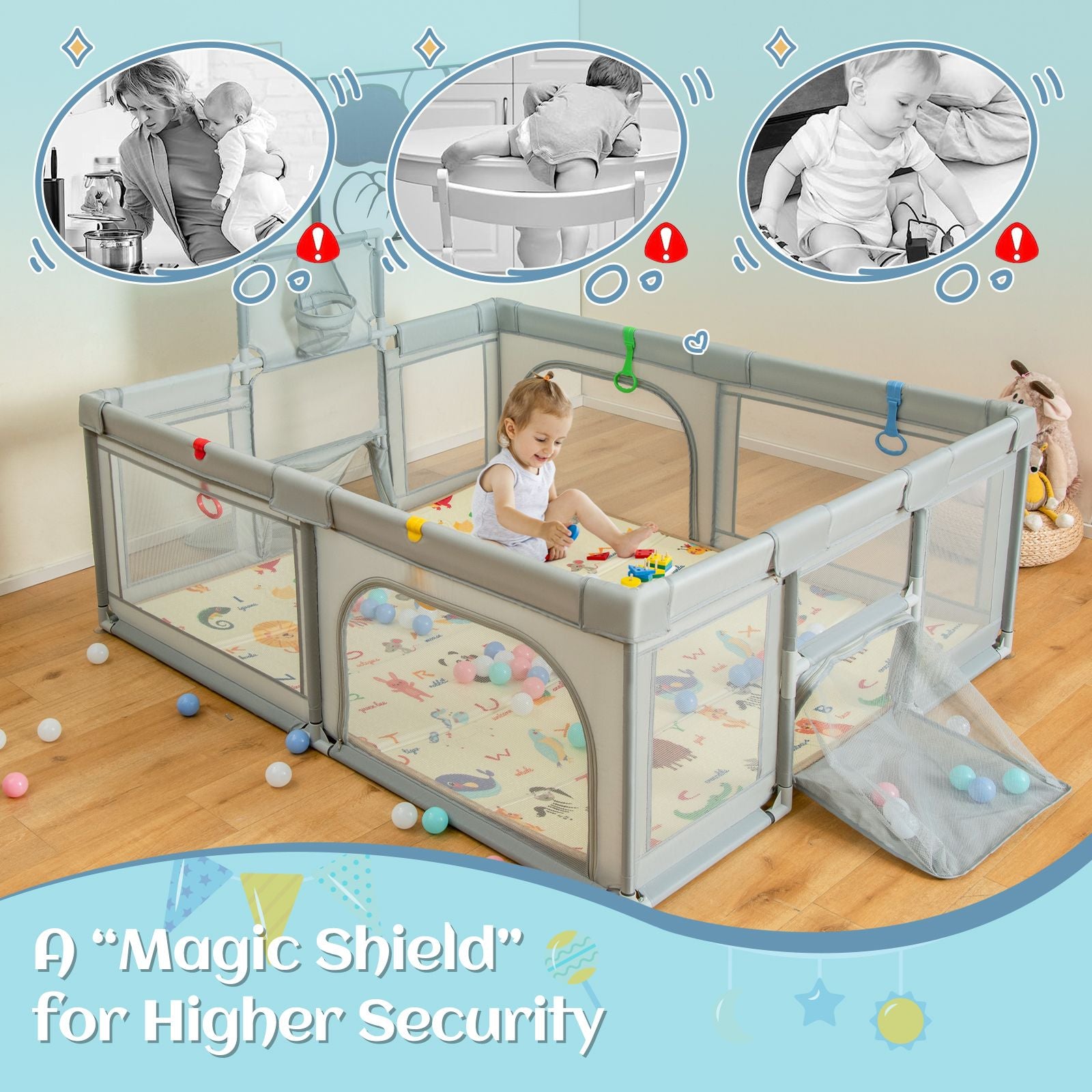 Large Baby Playpen with Safety Mat, Basketball Hoop & 50 Ocean Balls | Indoor & Outdoor Activity Centre